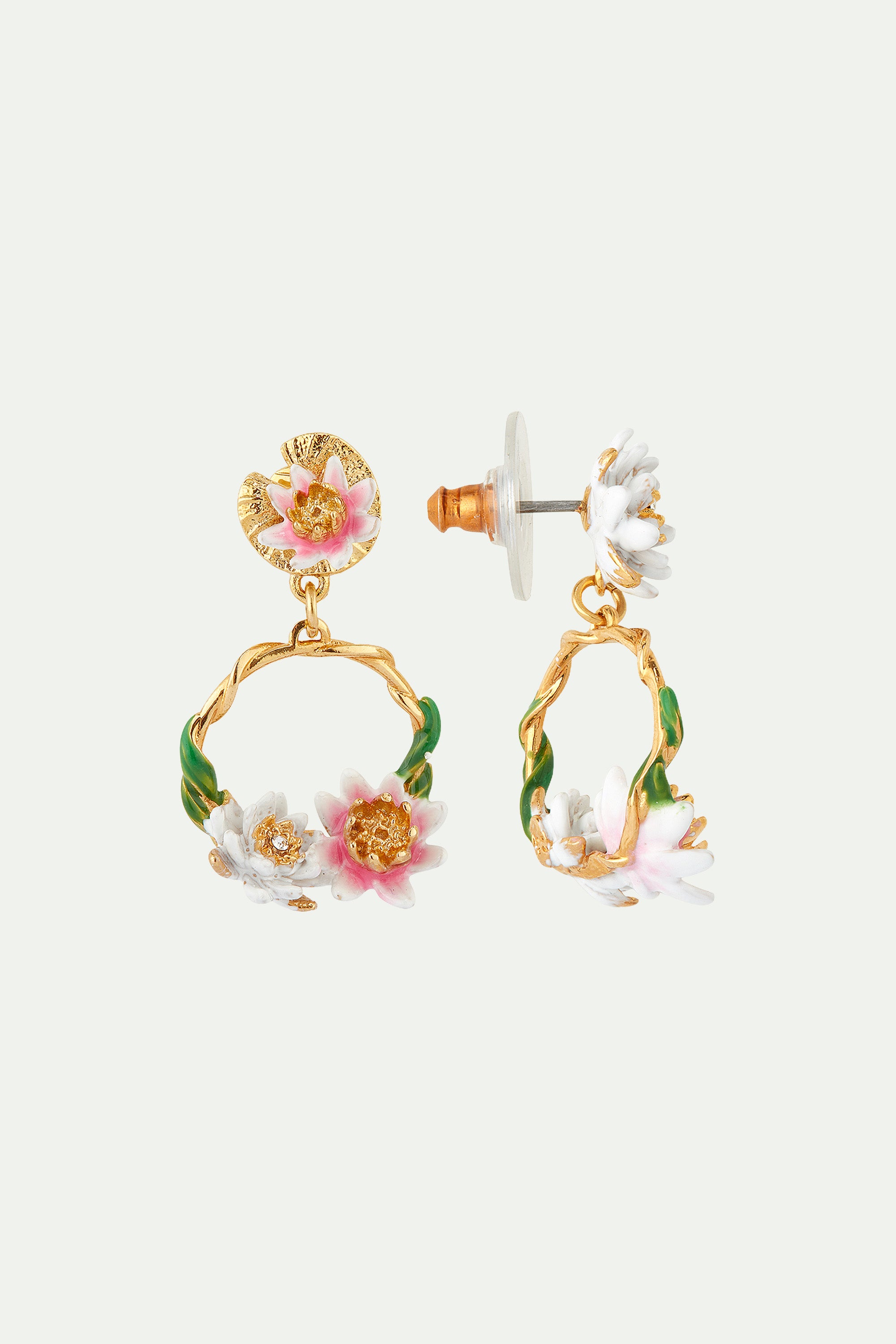 Pink and white water lily asymmetrical clip-on earrings