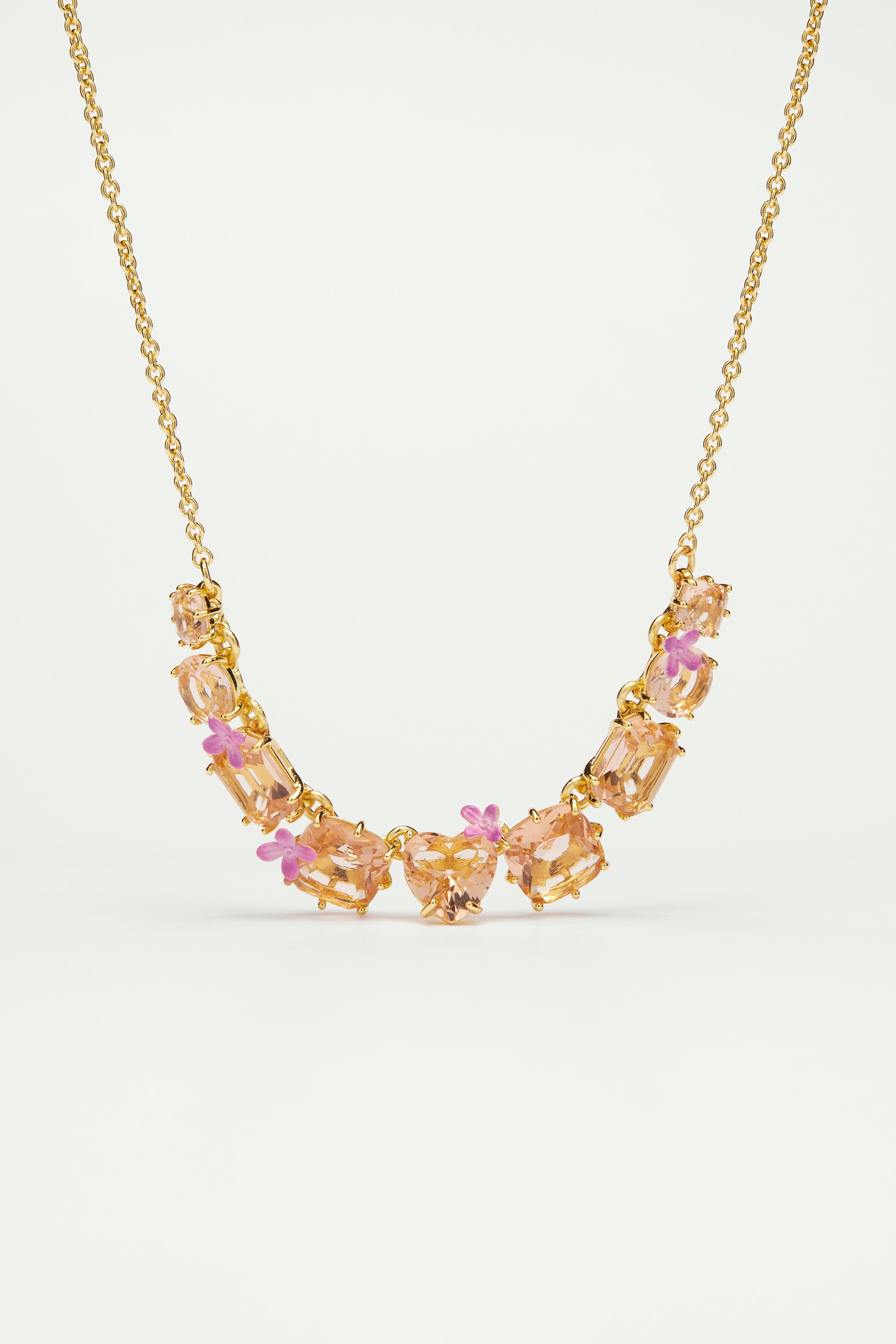 Apricot pink diamantine flower and 9 stone fine necklace