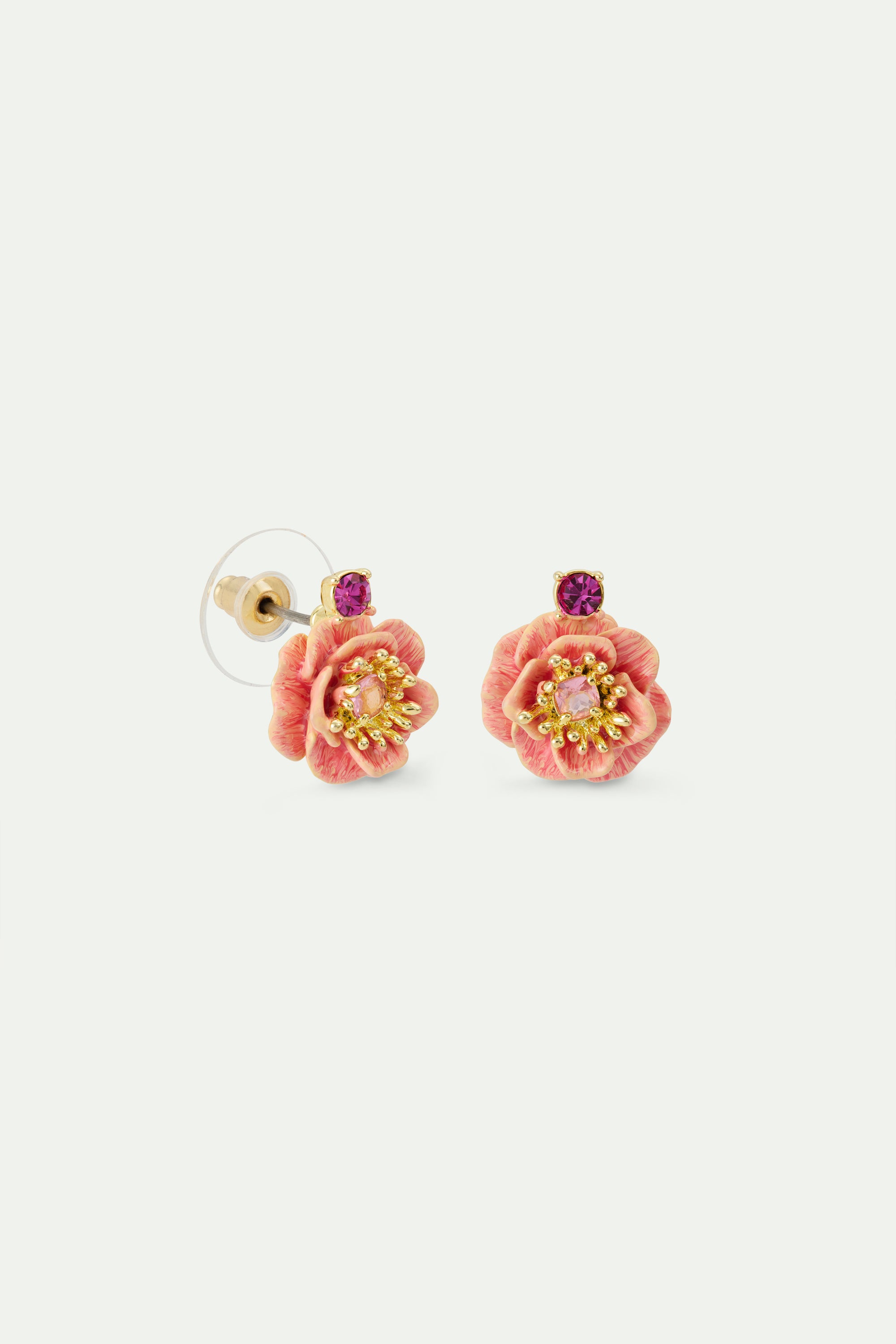 Pink anemone and crystal post earrings