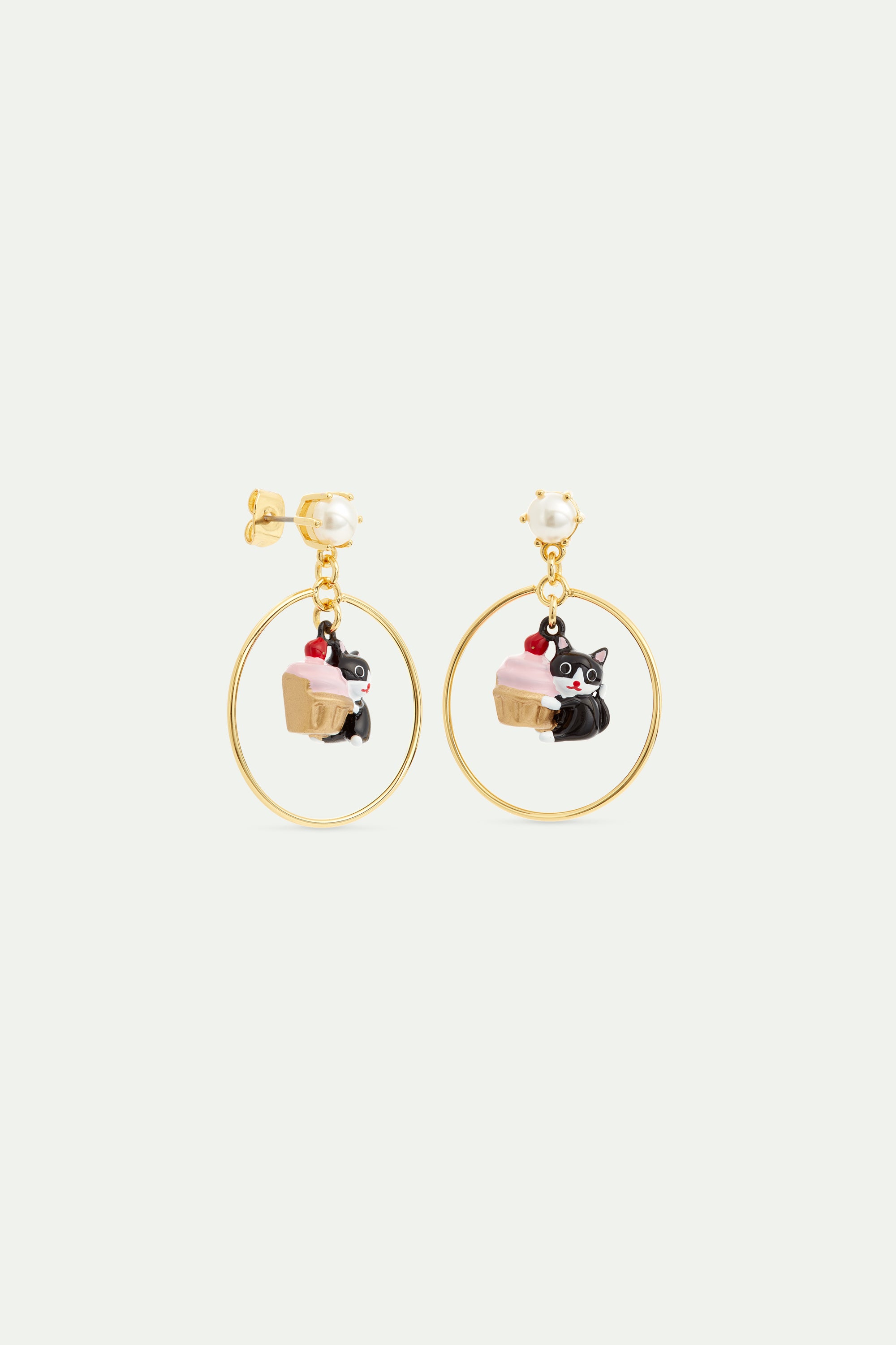 Black cat and pastry dangle hoop earrings