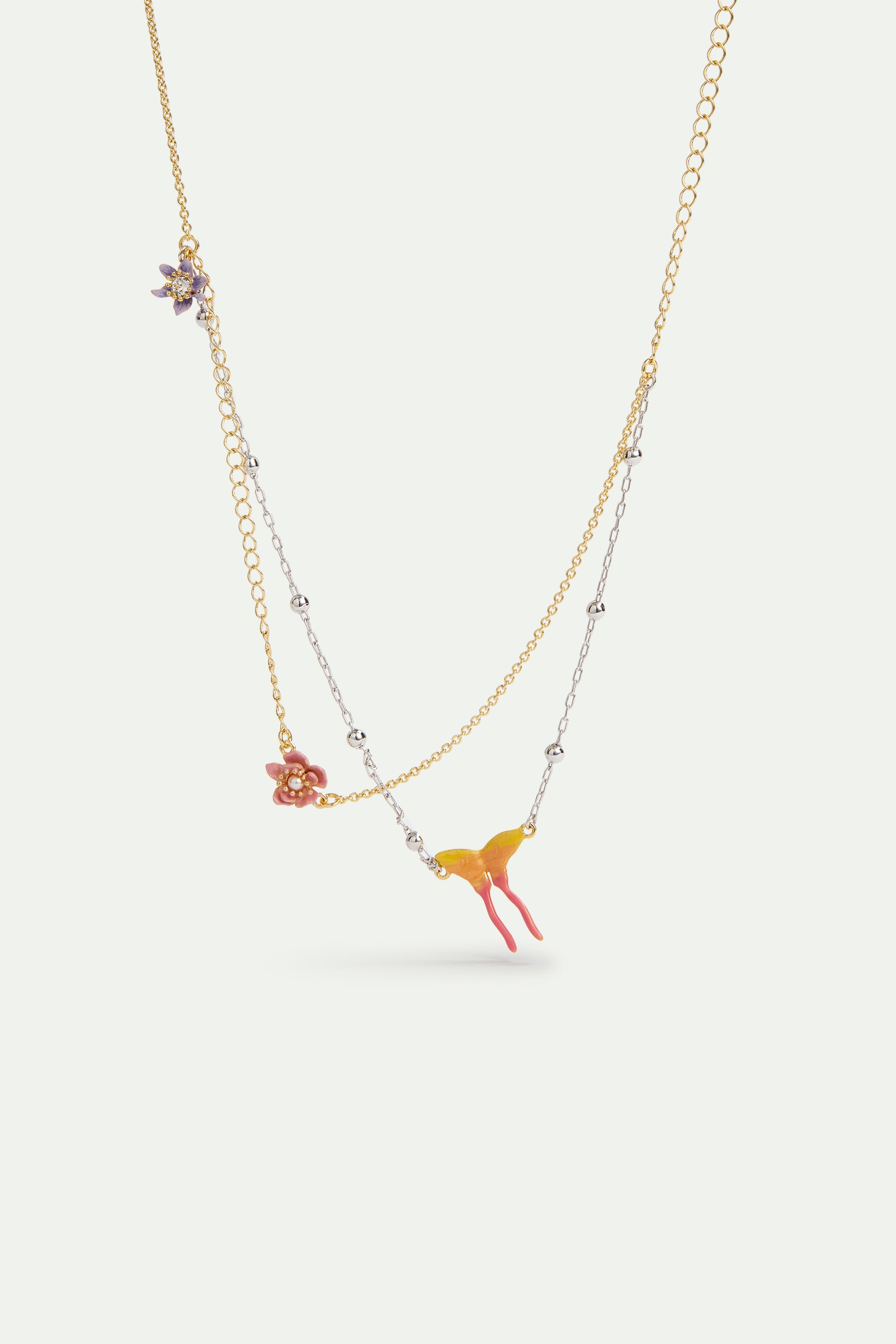 Two-tone chain, magnolia flower and butterfly necklace