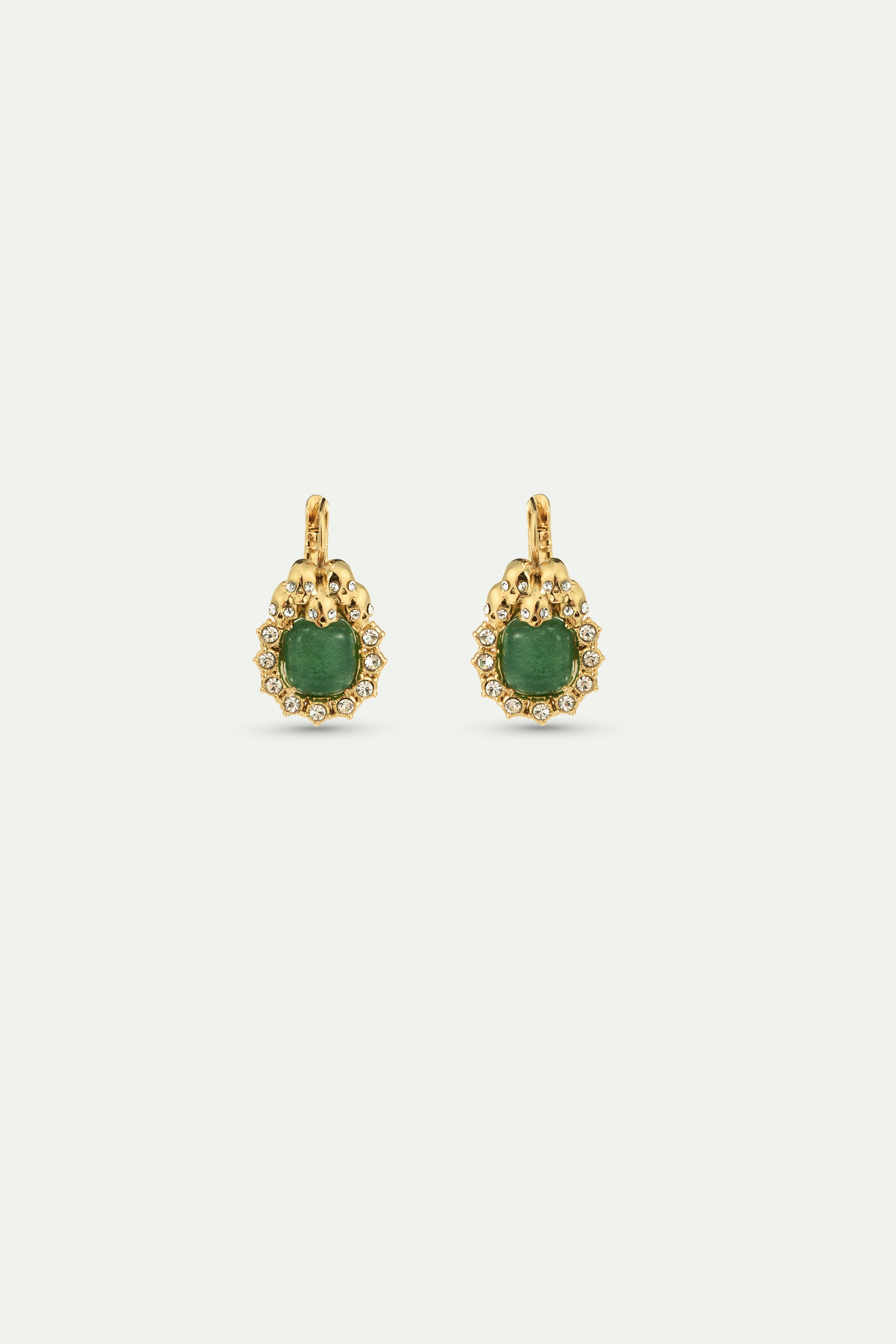 Pendientes dormilonas con aventurina verde, calaveras y cristales