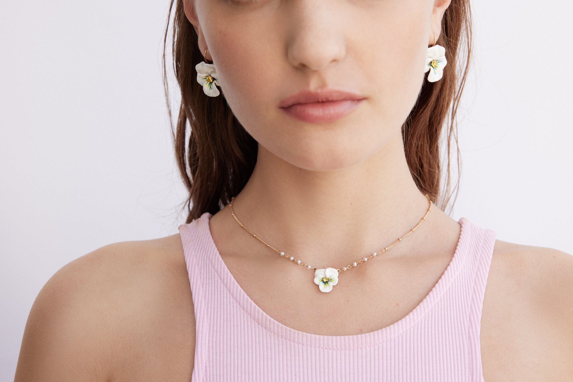 White pansy and cut crystal earrings