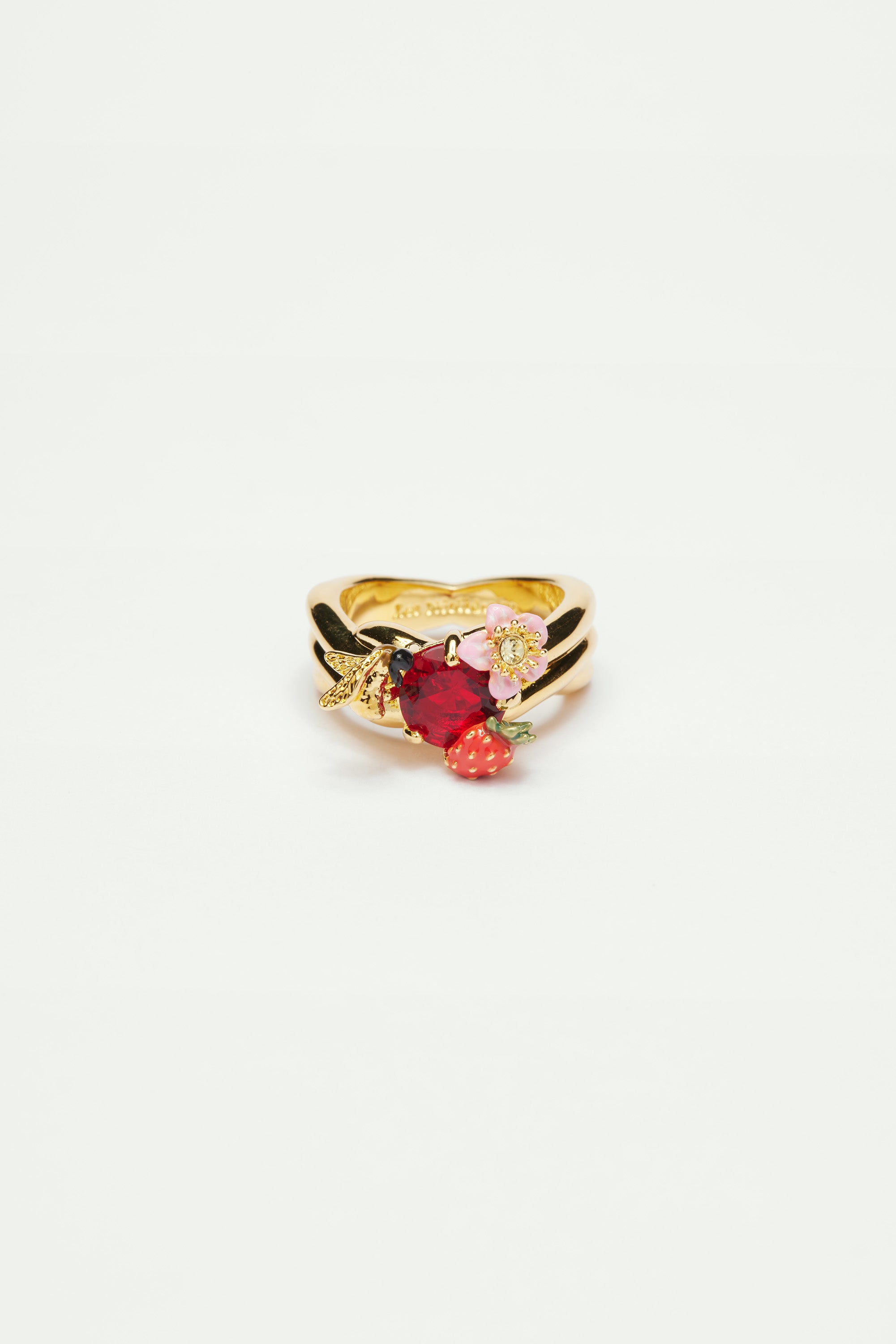 Wild strawberry, bumblebee and round stone cocktail ring