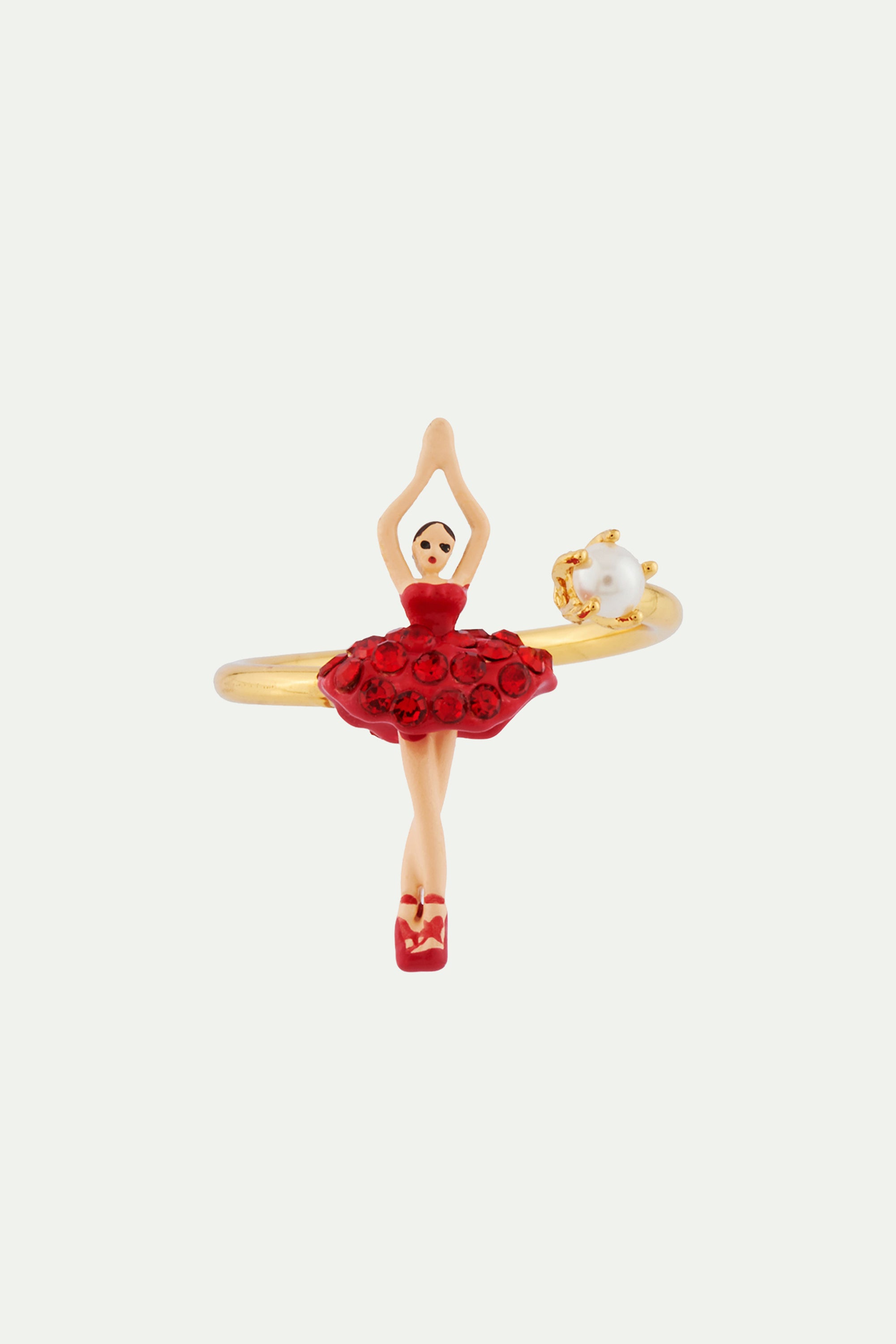 Ajustable ring mini-ballerina wearing a tutu paved with red rhinestones