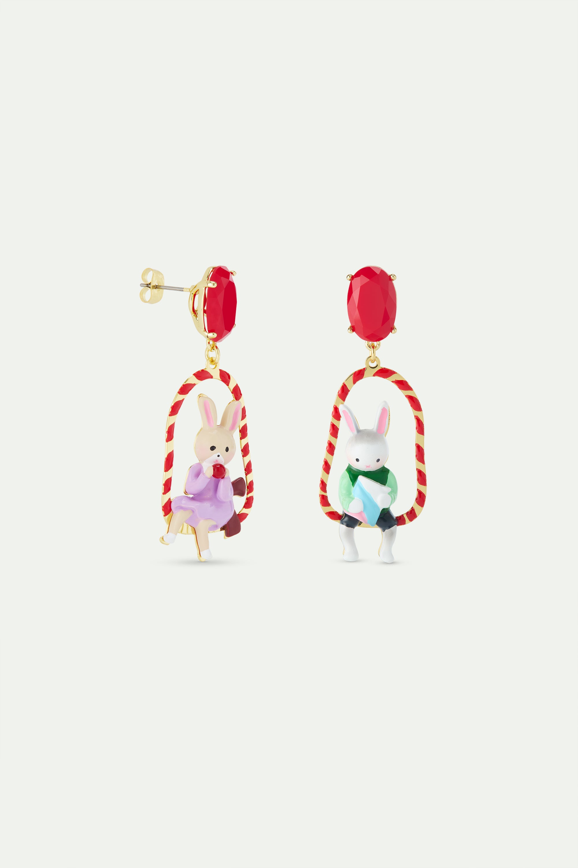 Asymmetrical dangle earrings with rabbit Hansel and Gretel on red swing