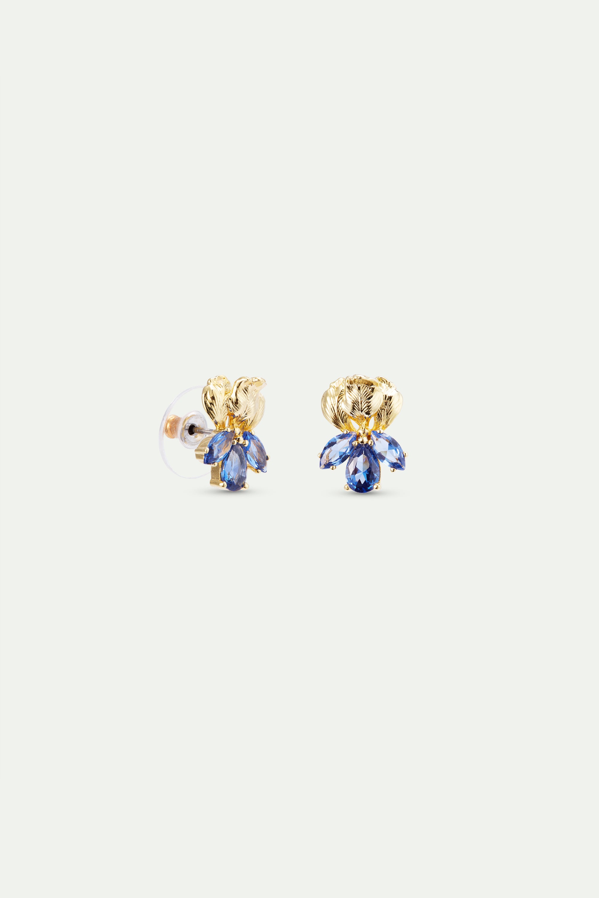 Golden iris and blue stone post earrings