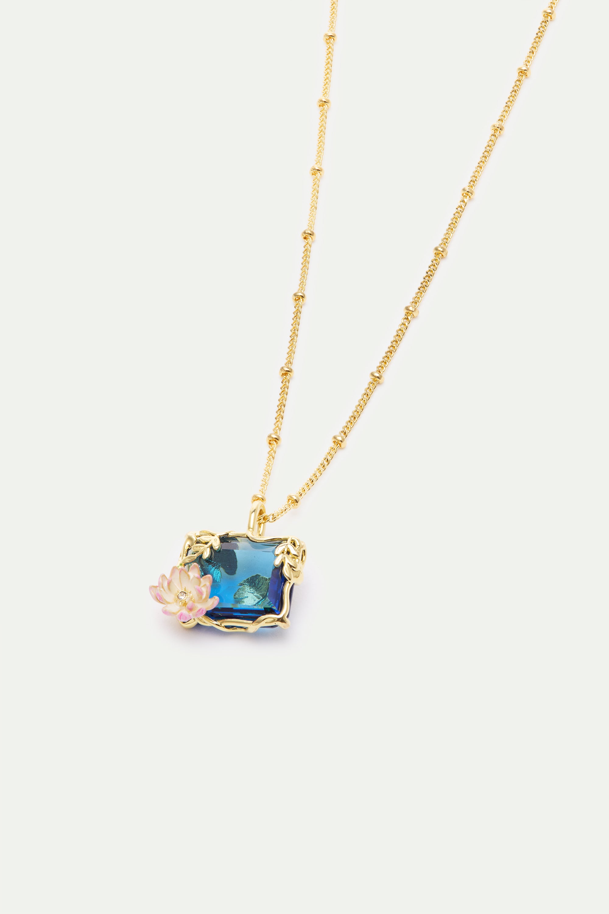 Necklace with blue and pink water lily pendant