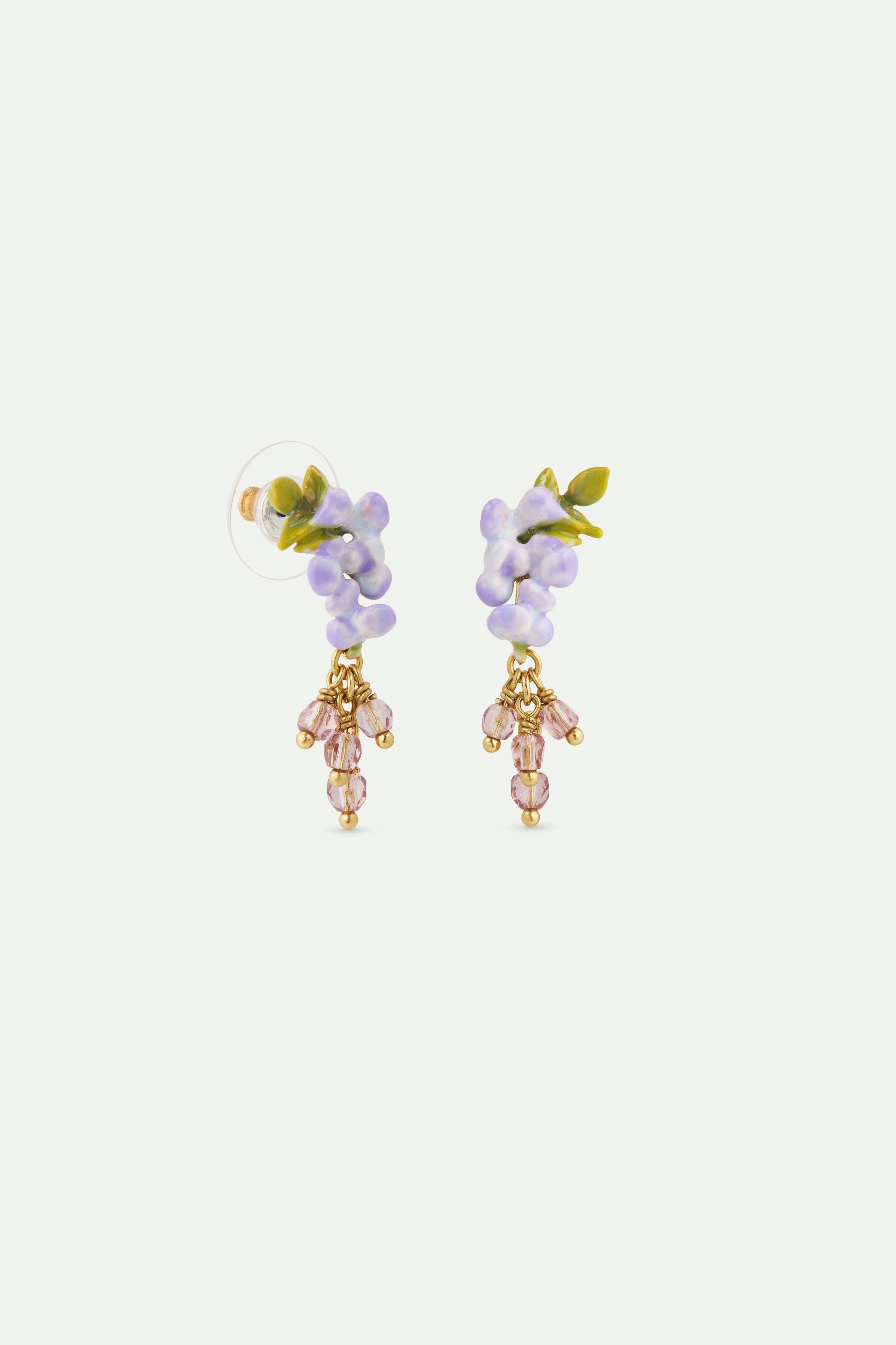 Purple wisteria, ivy and faceted crystal bead dangle earrings