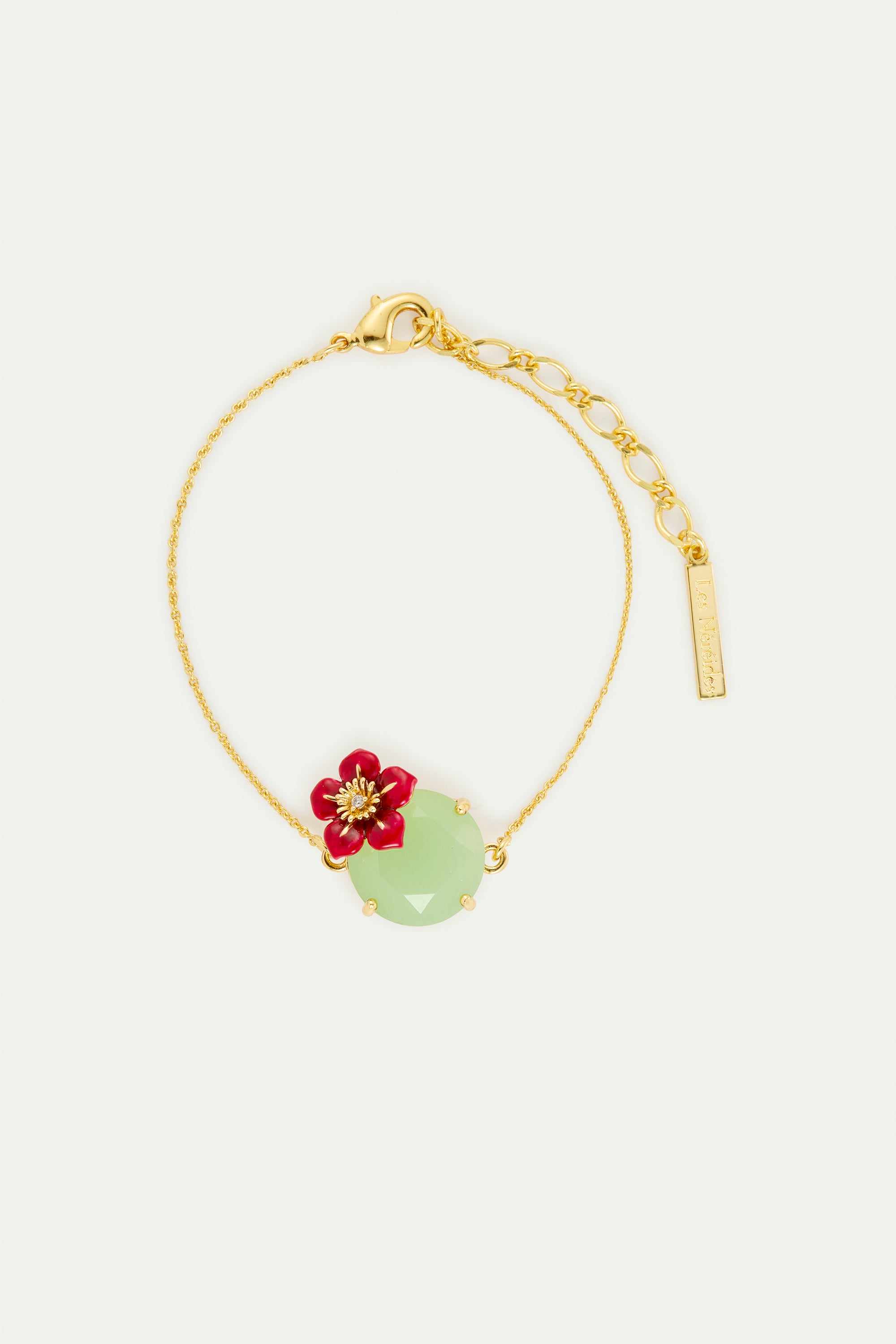 Bracelet fin pierre ronde verte et fleur de prunier