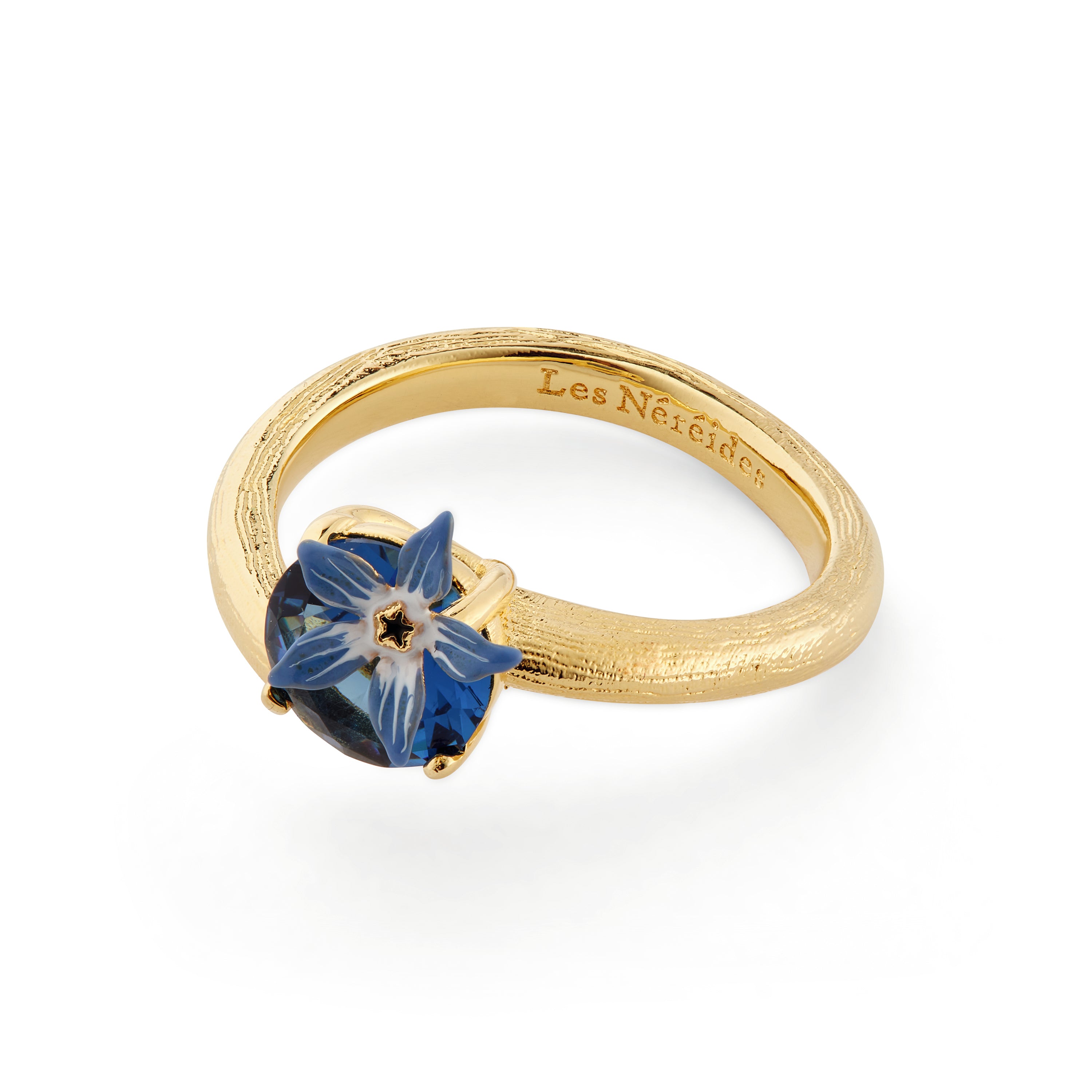 Anillo ajustable flor azul y cristal en facetas redondo