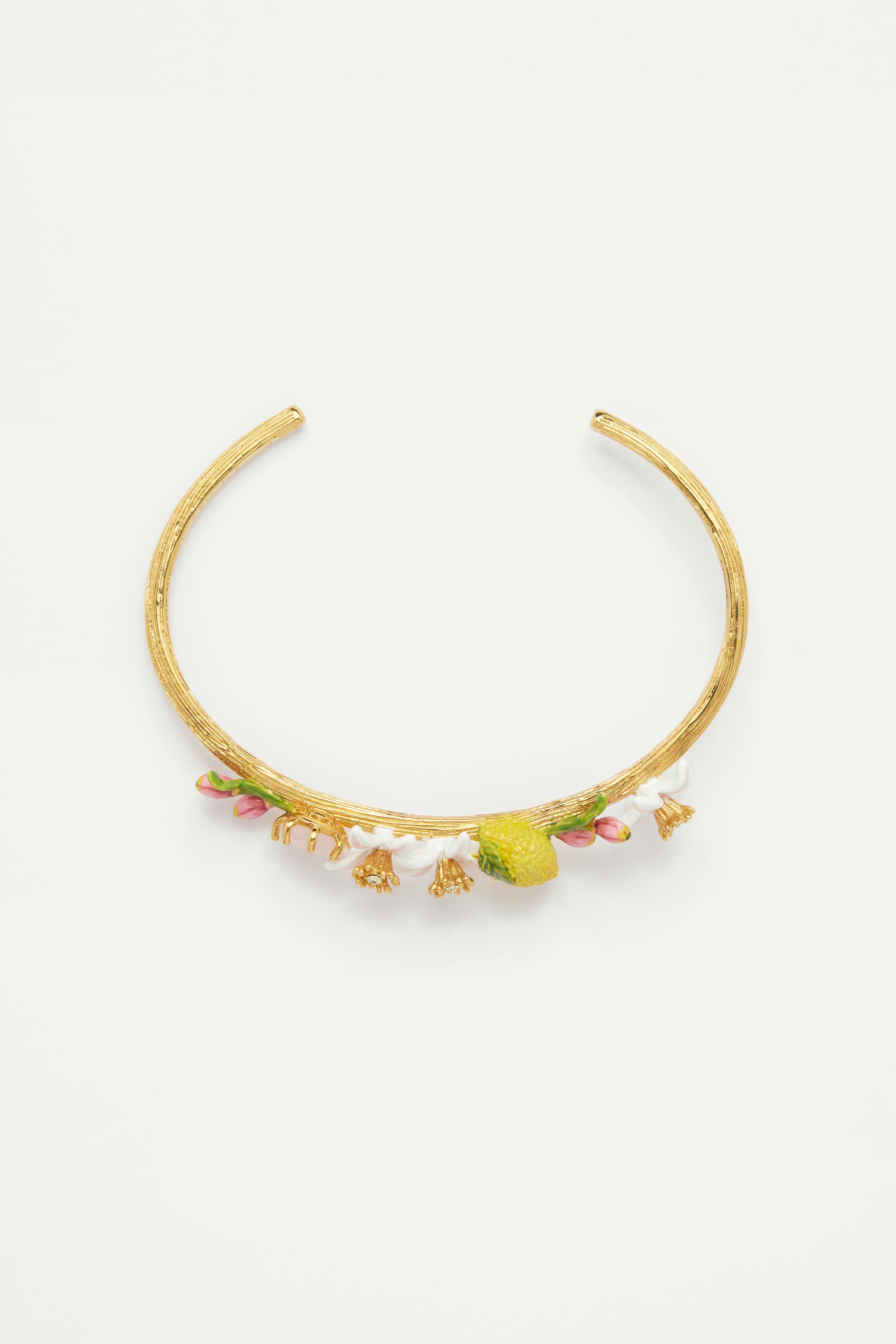 Lemon, lemon blossom and pink glass stone bangle bracelet