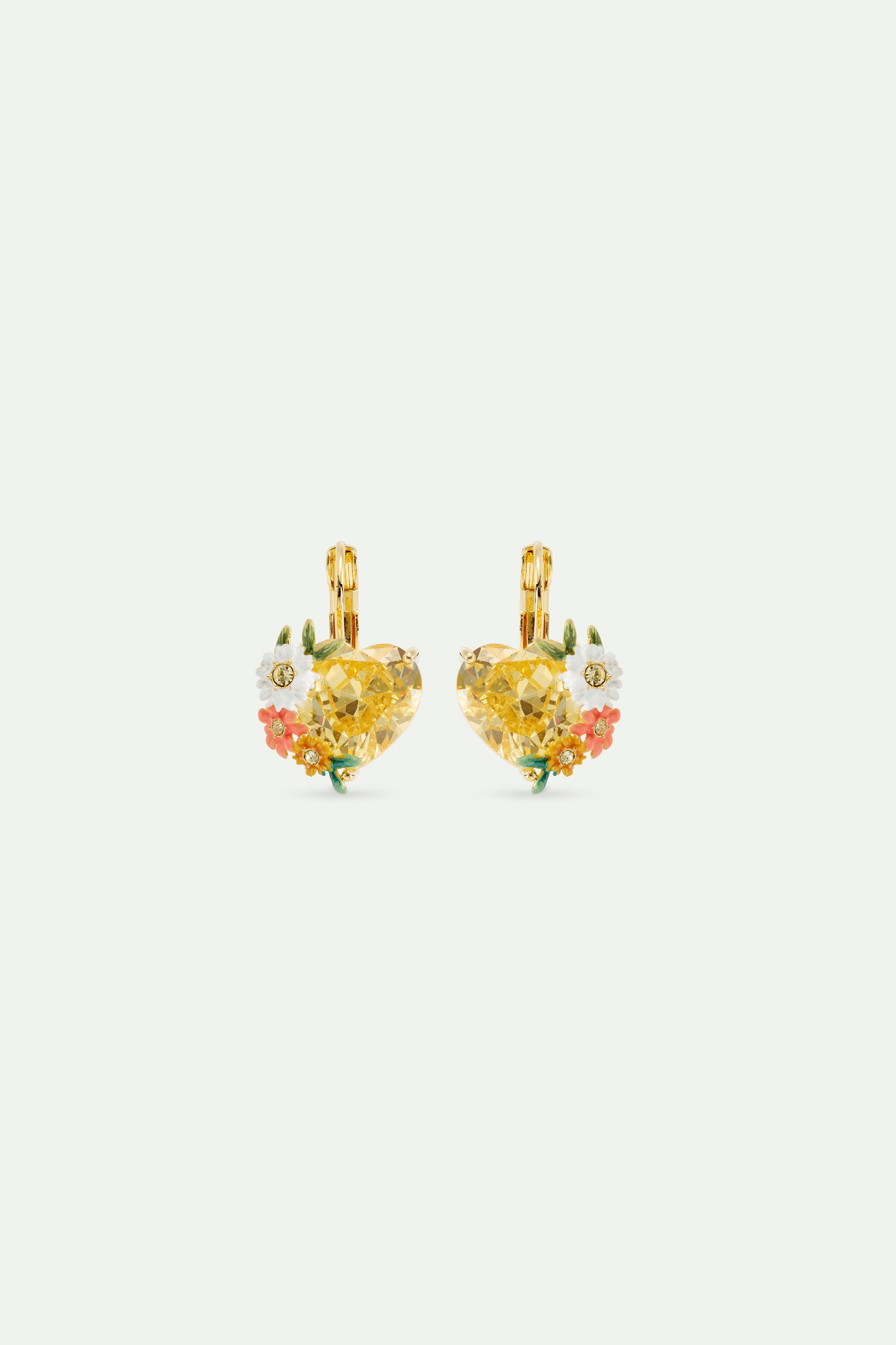 Pendientes dormilonas corazón amarillo, flores de zinnias y margaritas