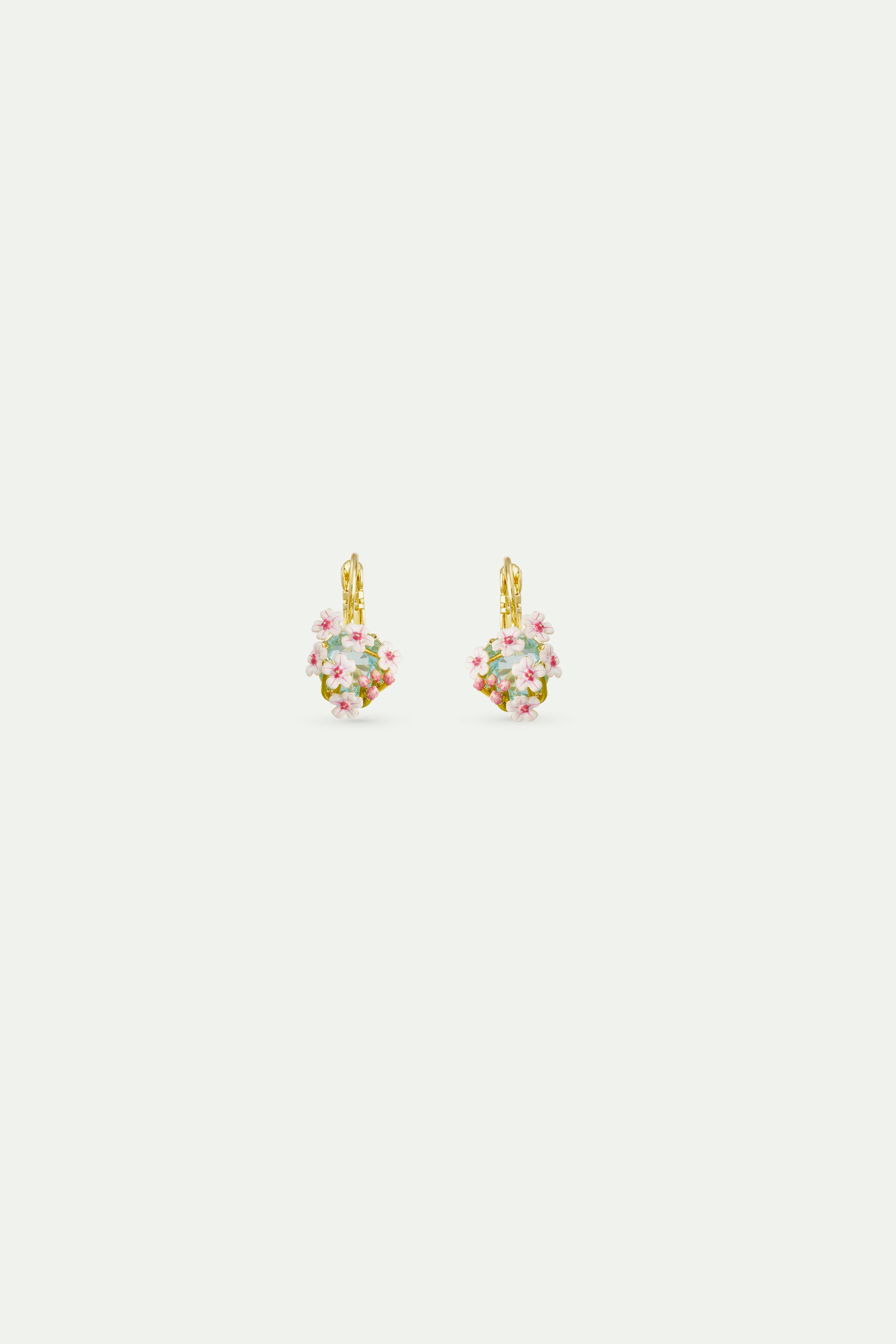 Boucles d'oreilles dormeuses pierre ronde facettée bleue et aubépines blanches et roses