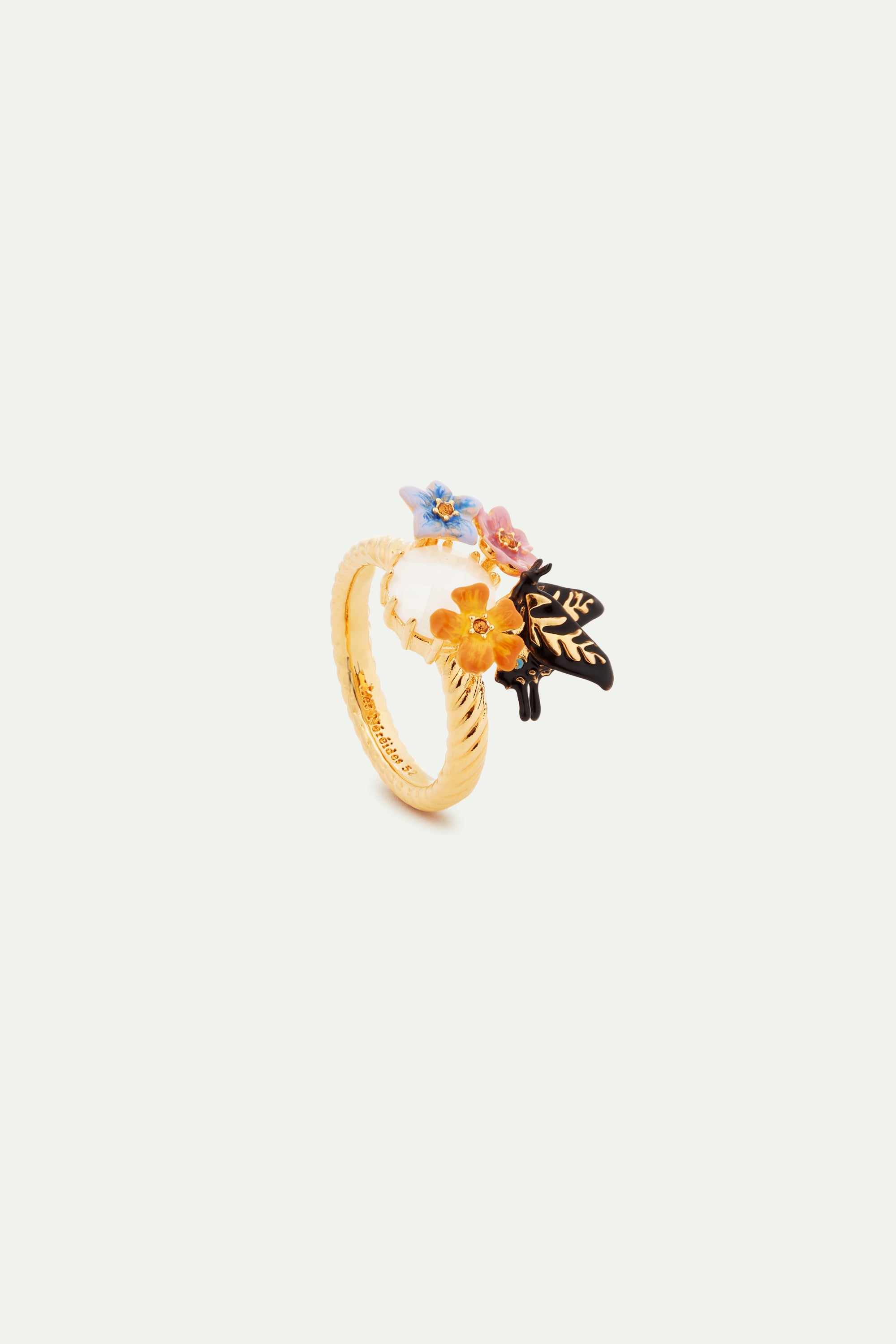 Anillo de cóctel mariposa, 3 flores de jazmín de colores, mariposa y piedra facetada