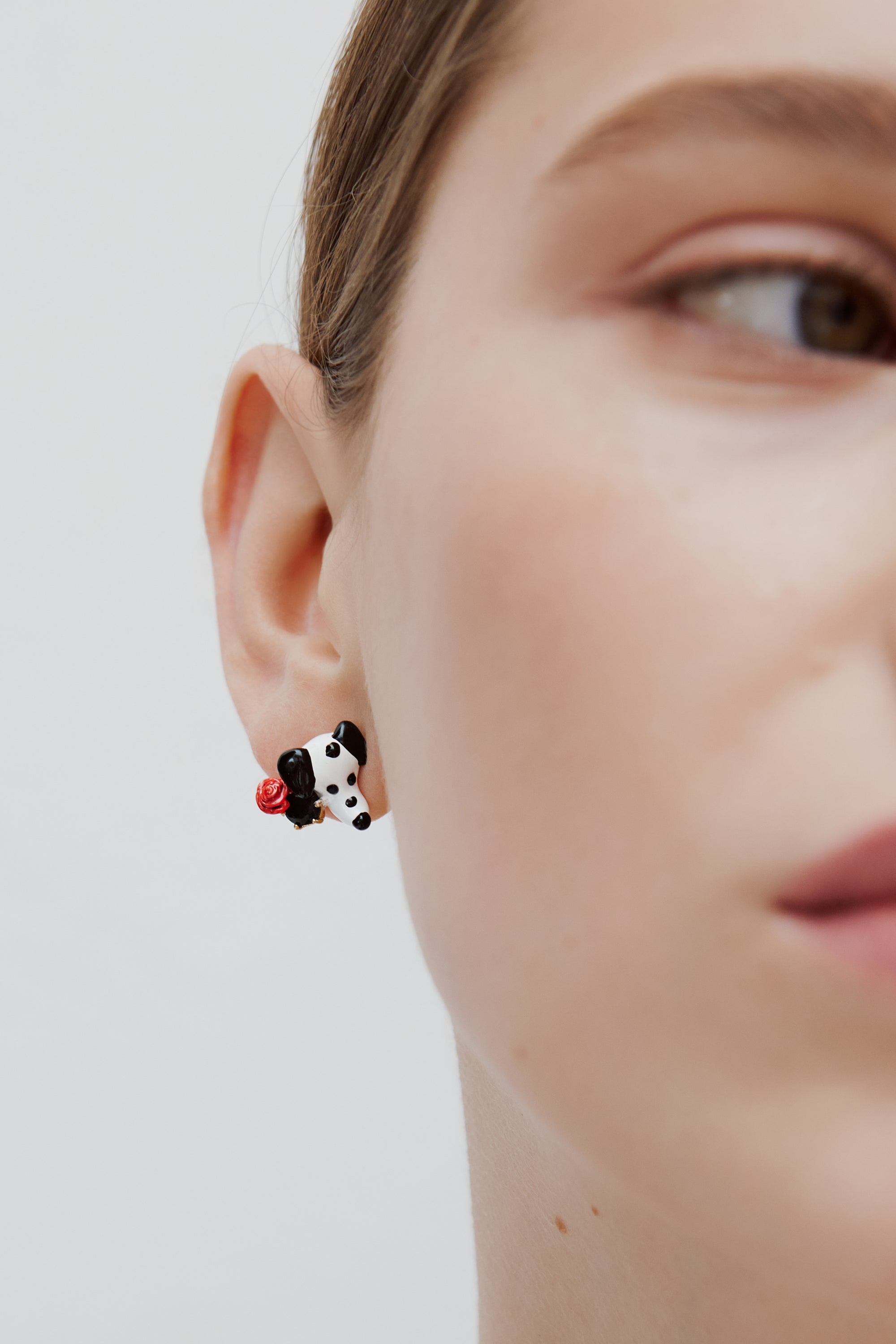 Dalmatian earrings with black round faceted glass stone and red rose