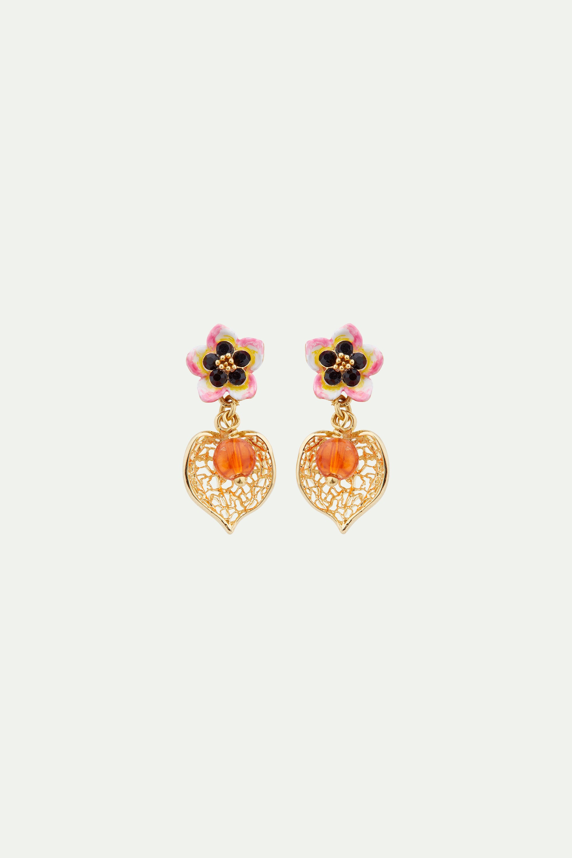 Pendientes bolitas colgantes, flor de tiaré y physalis