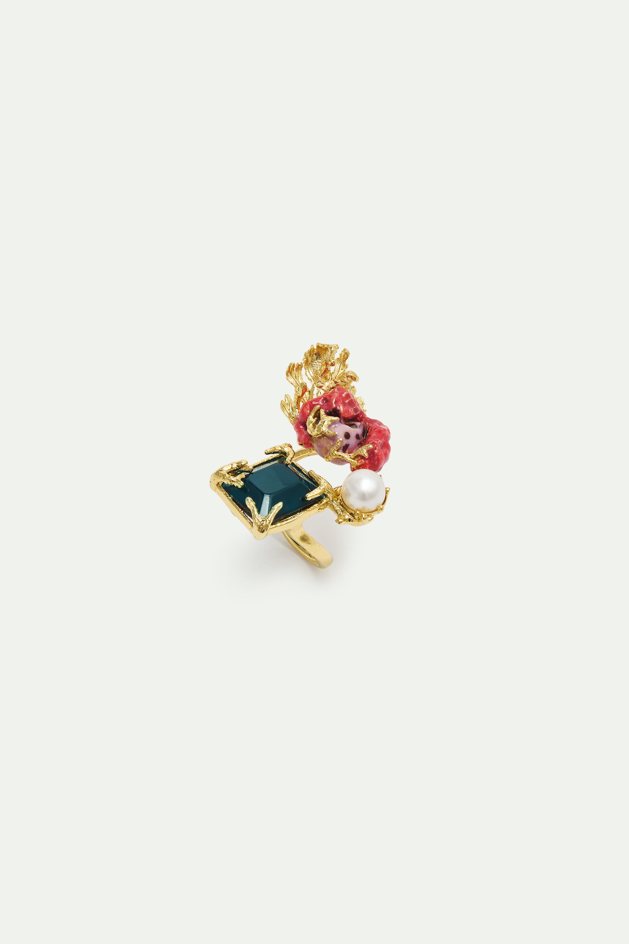 Adjustable gold ring with square blue stone, coral and pearl