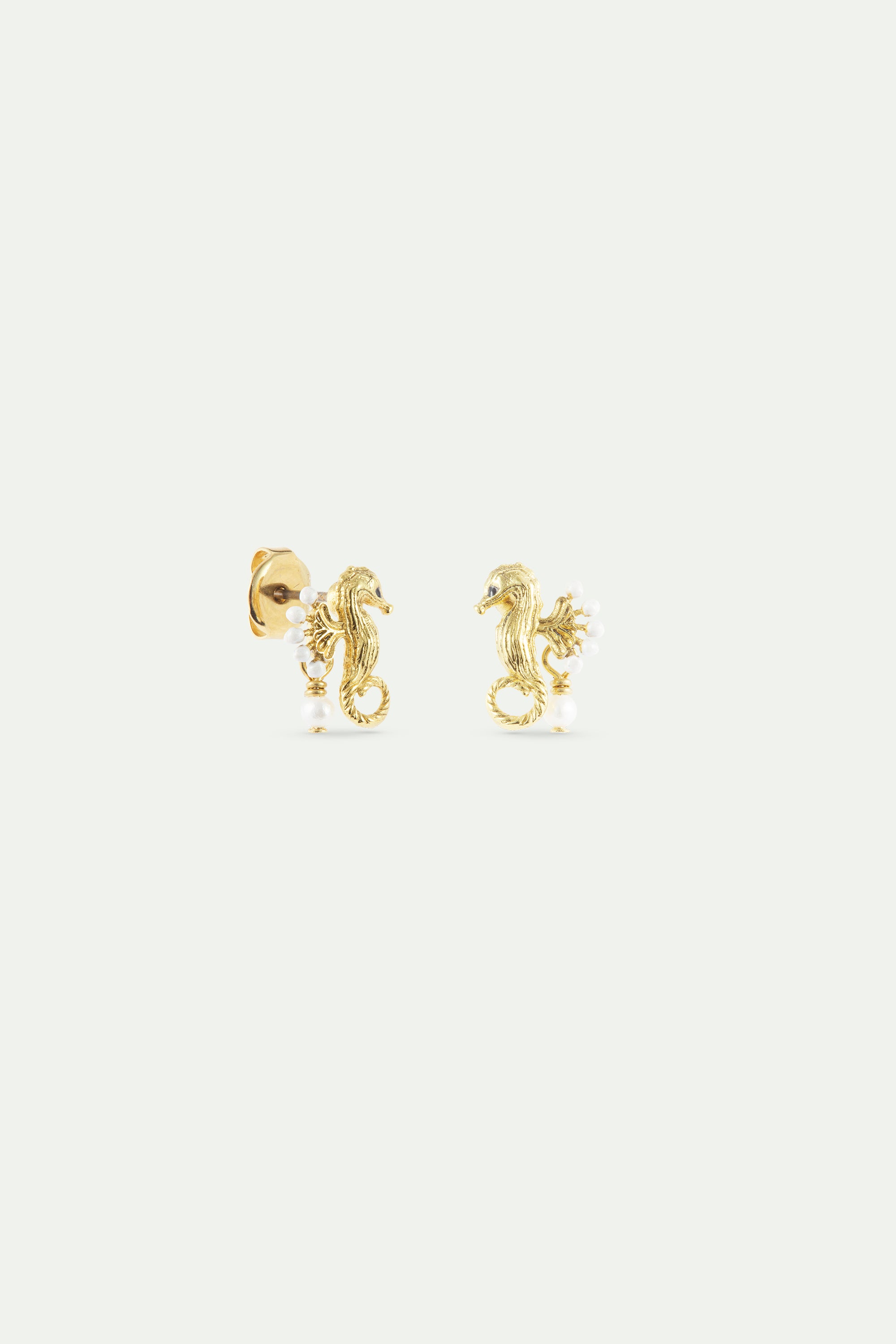 Golden seahorse and white pearl earrings