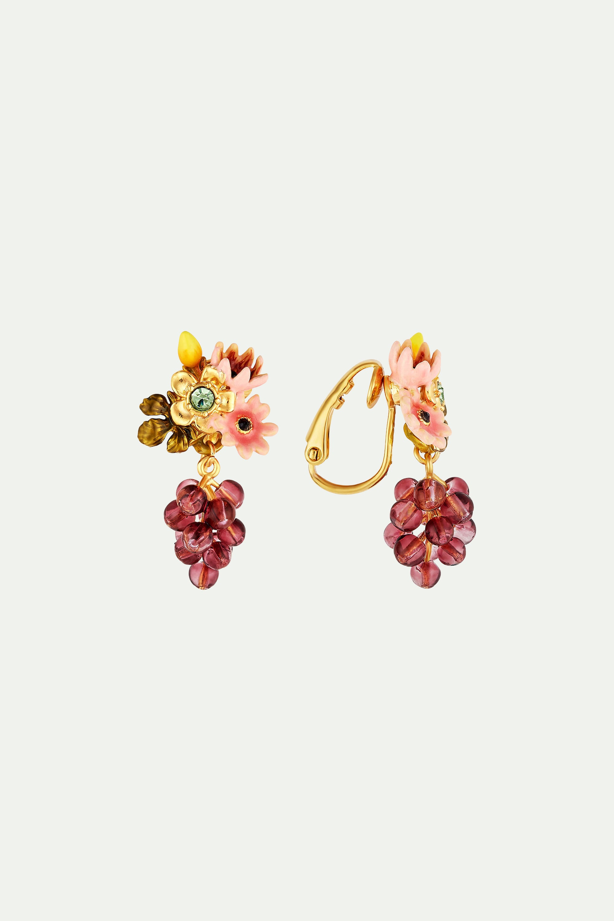 Romantic flower and cardinal grape bunch dangling clip on earrings ...