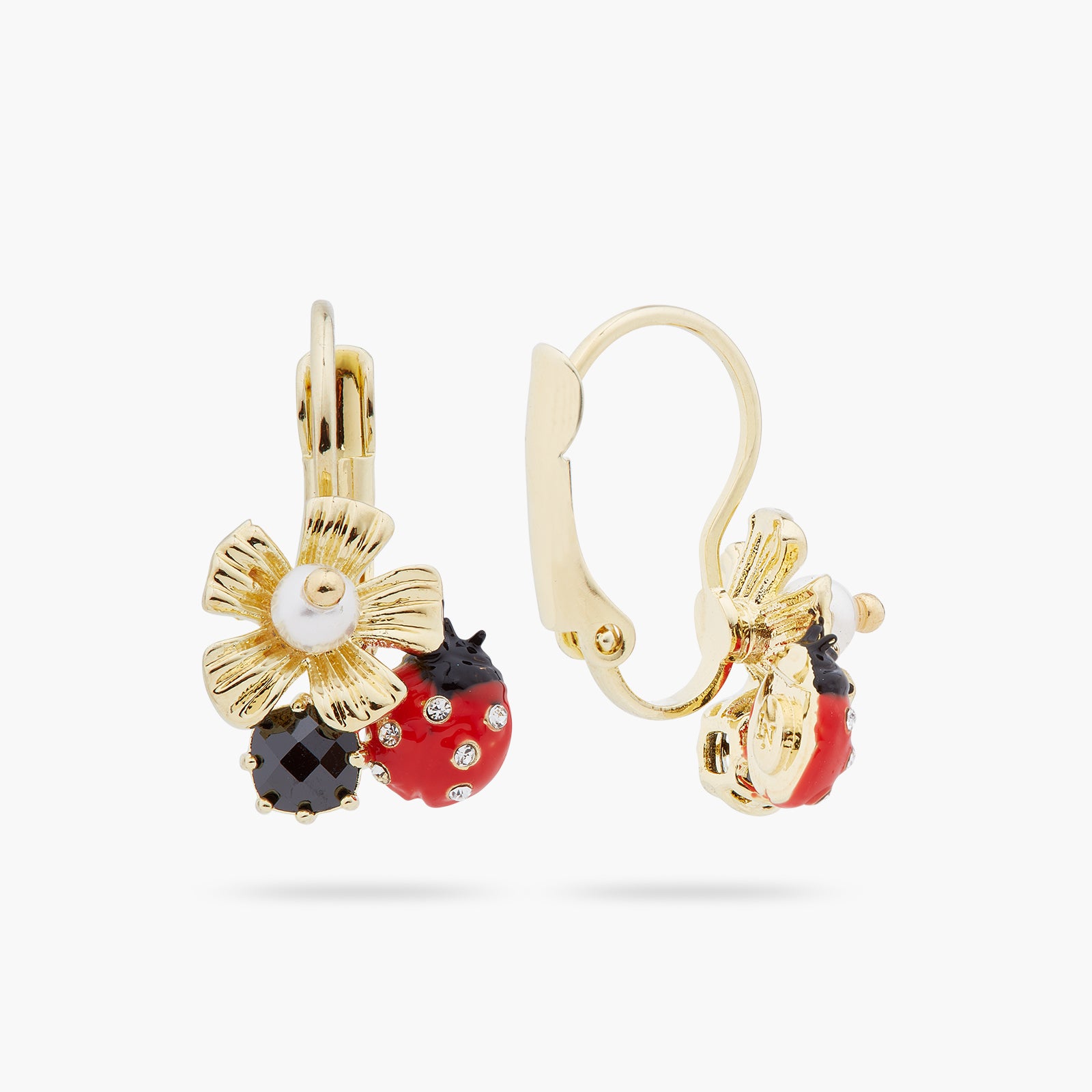 Ladybird and anemone with mother of pearl bead sleeper earrings