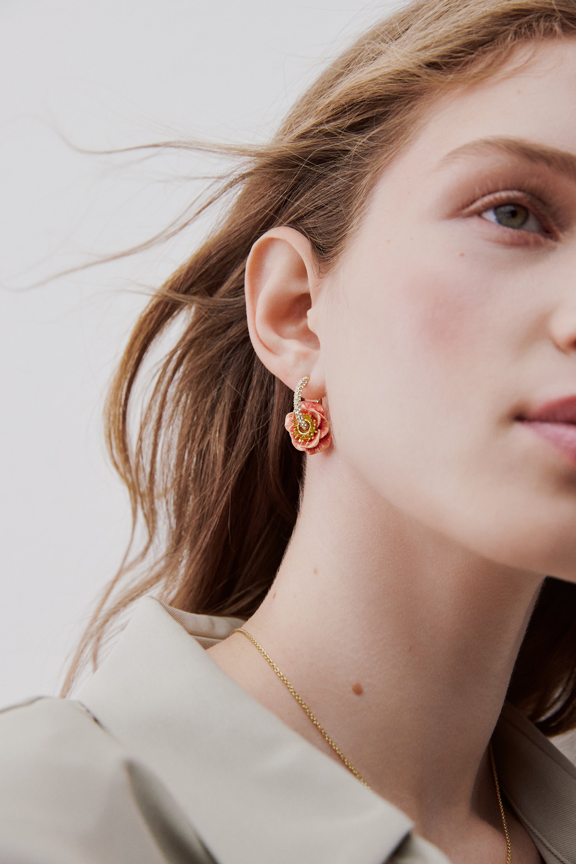 Rhinestone hoop earrings with pink anemone