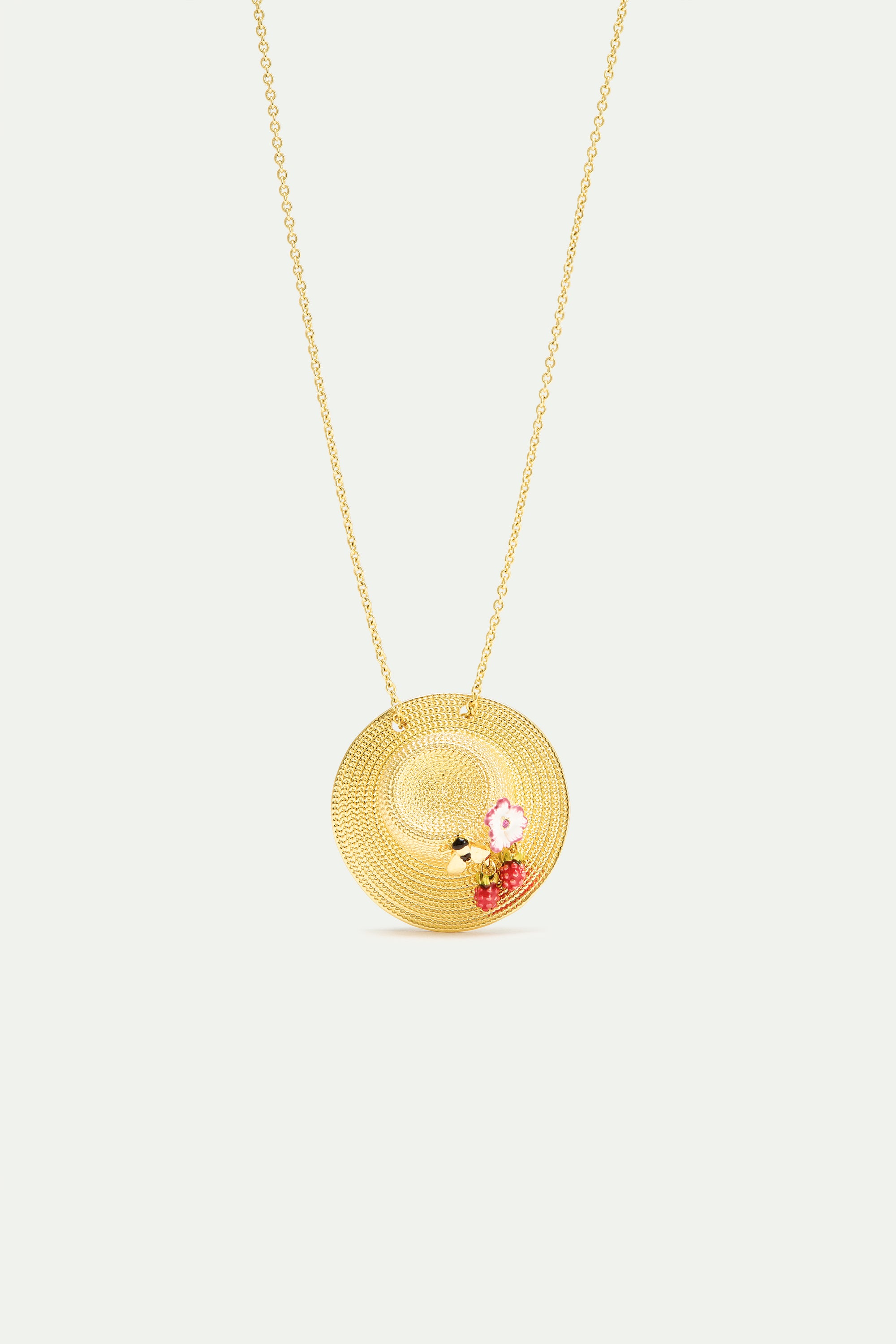Collar colgante sombrero dorado, cosmos, abeja, frambuesa y cristal rosa