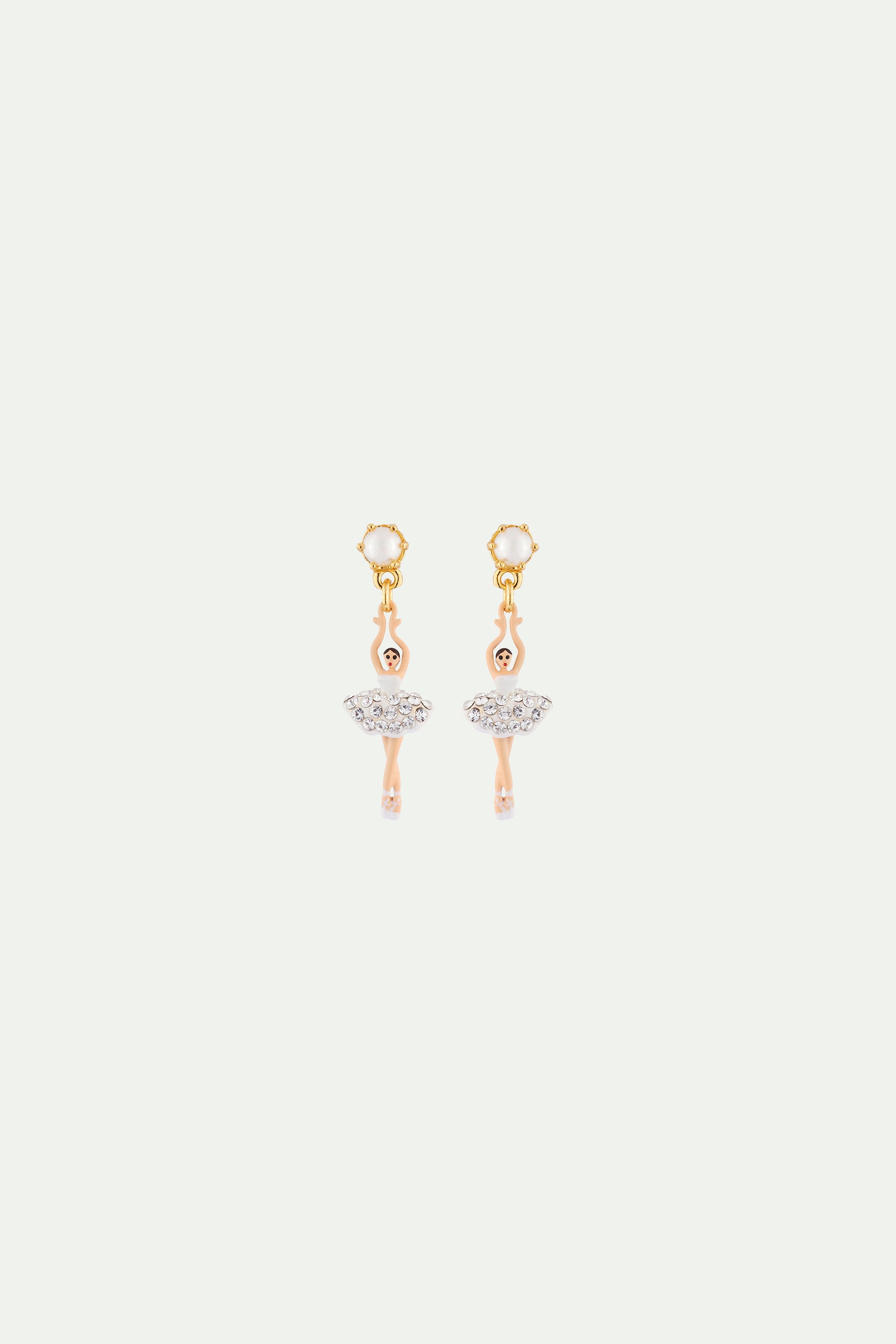 White Mini ballerina Clip on earrings with rhinestone and pearl