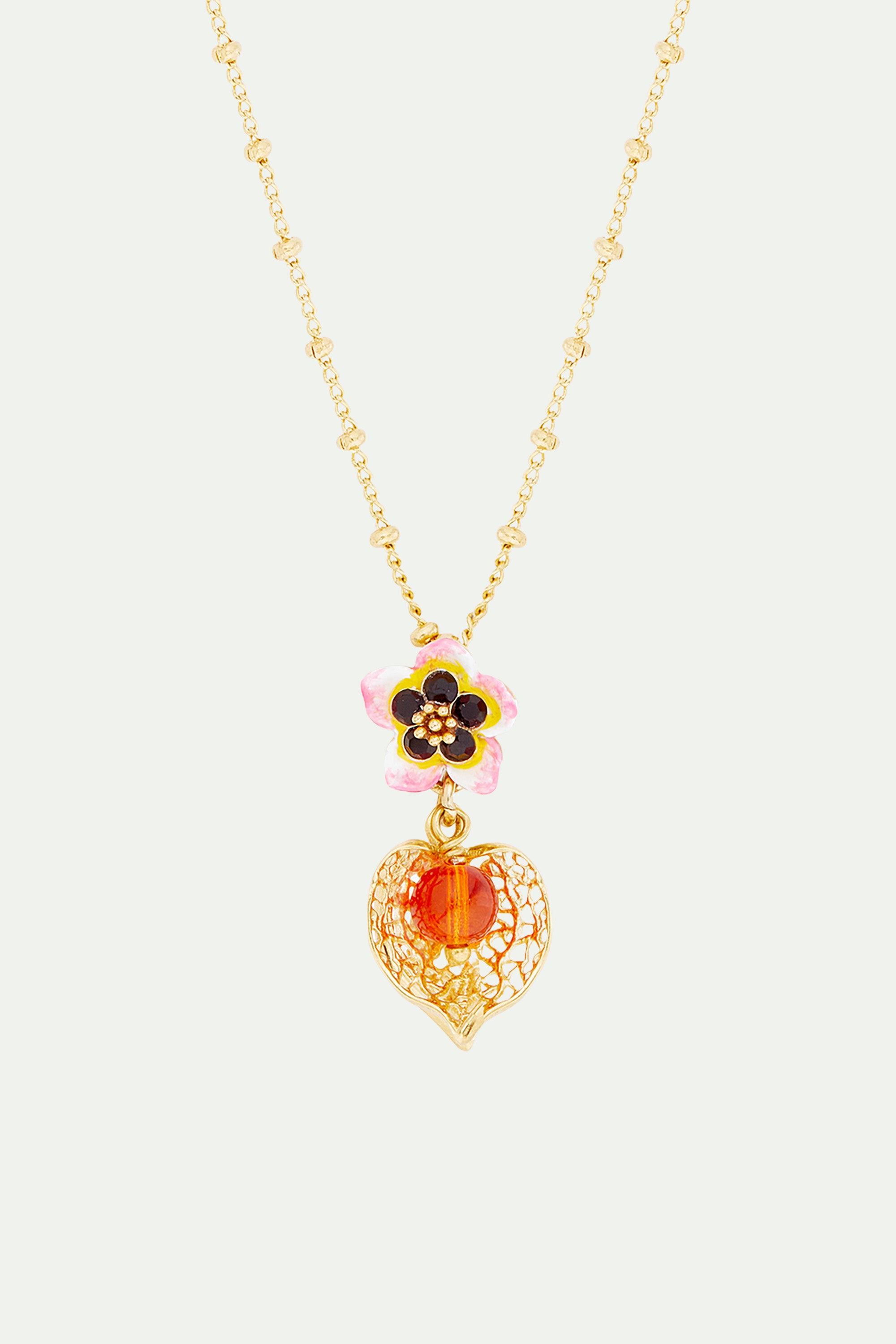 Tiaré flower and physalis pendant necklace