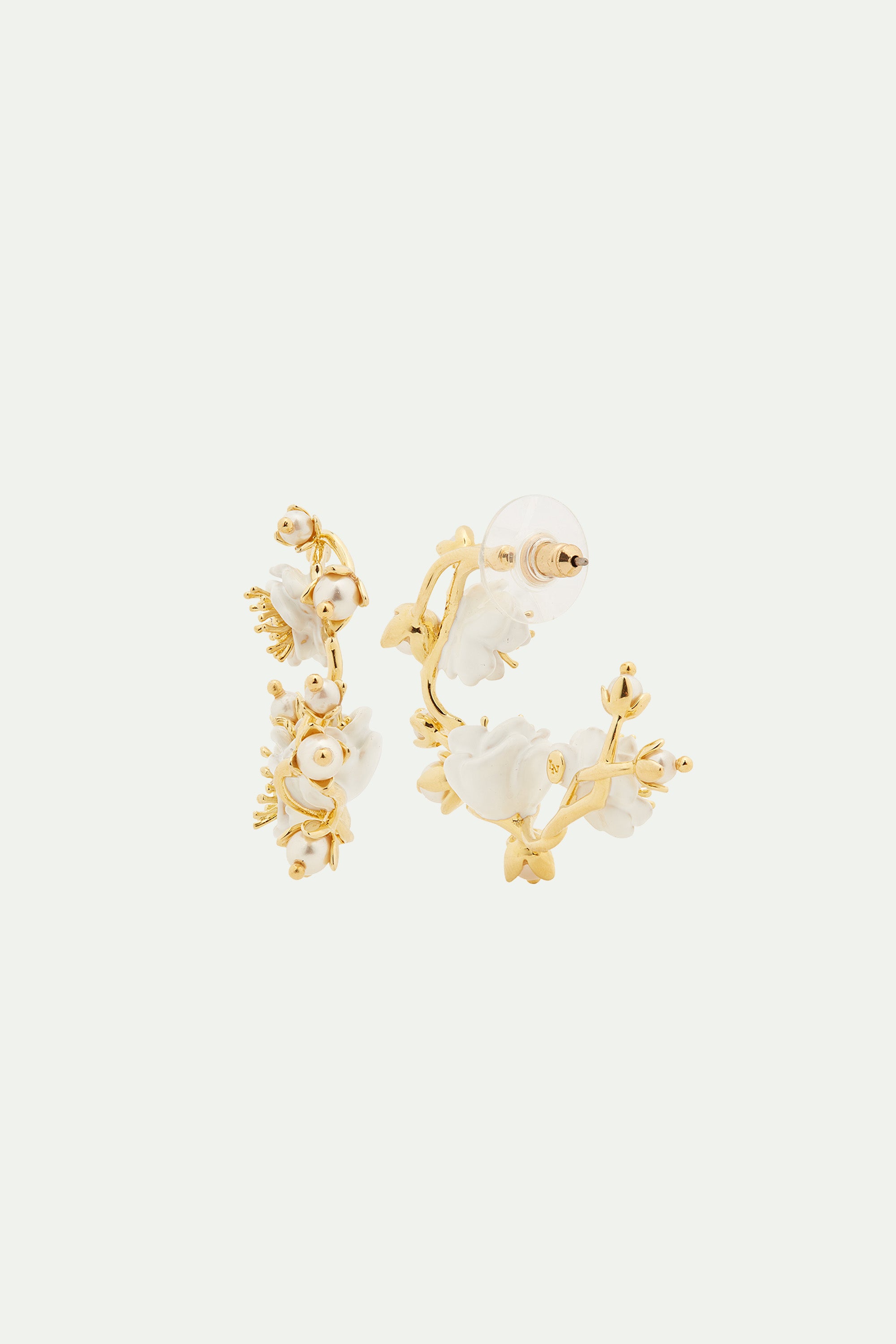 White rose branch and pearls post hoop earrings