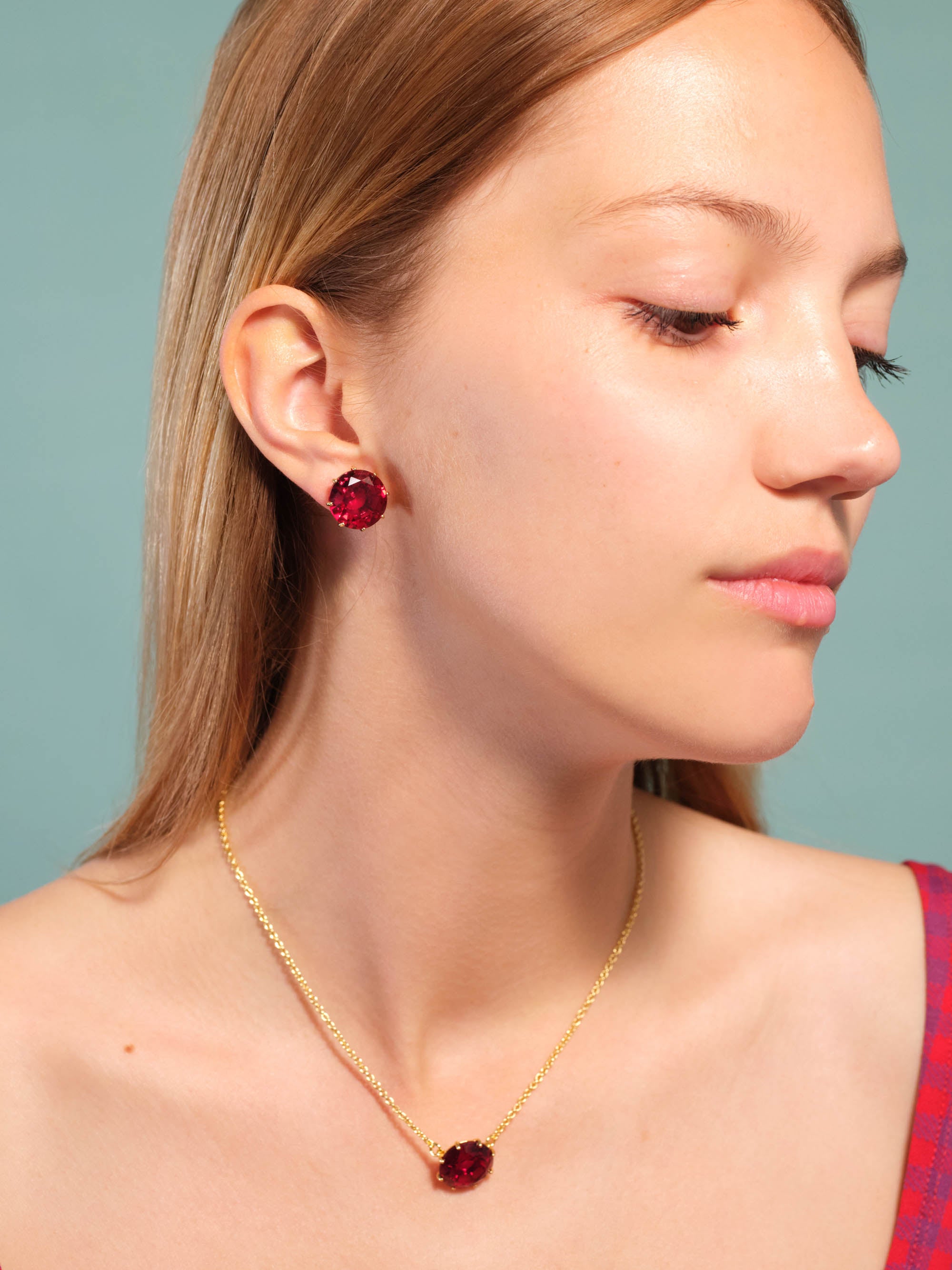 Garnet red diamantine Round stone sleeper earrings