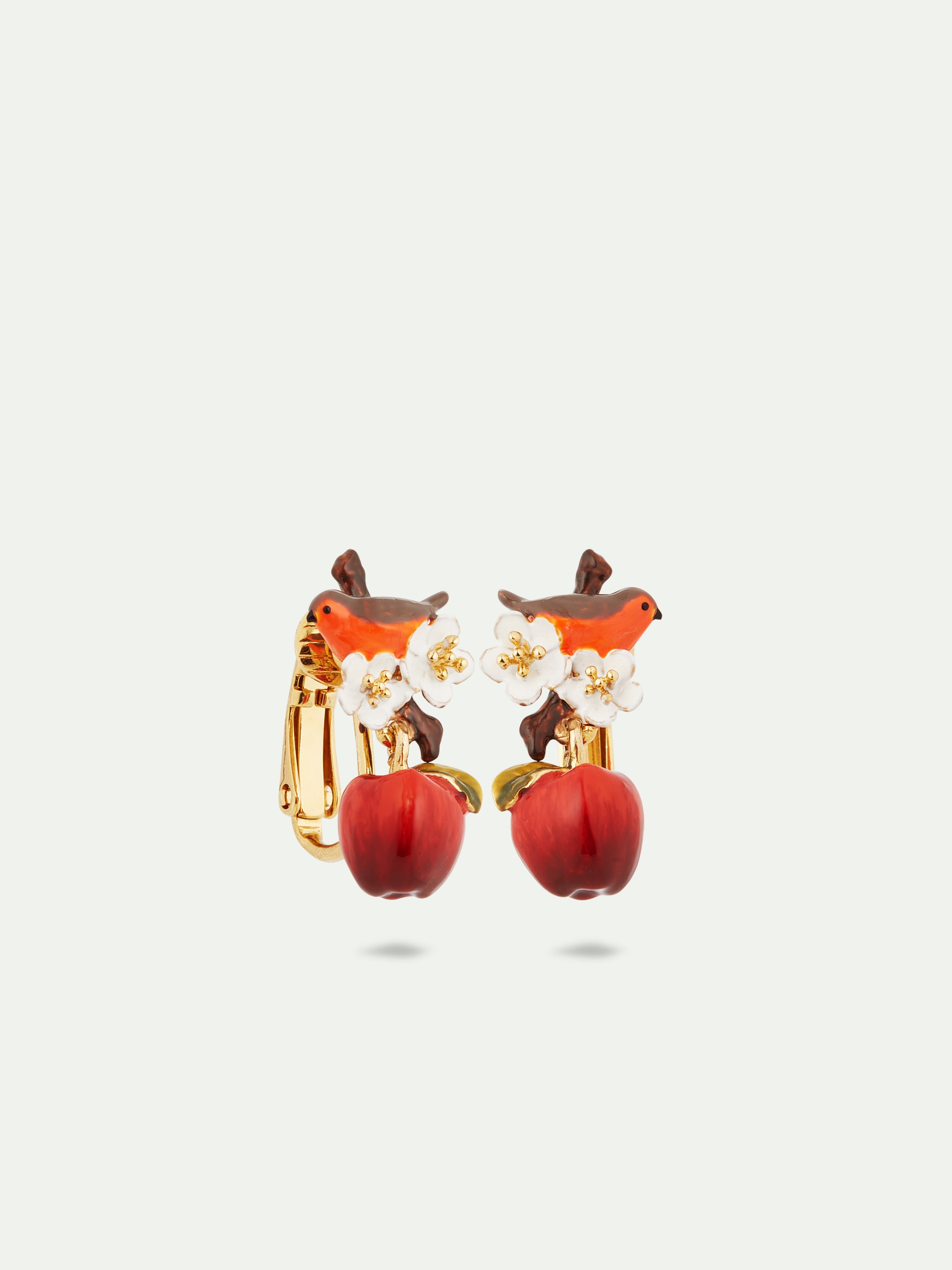 Robin and apple clip-on earrings