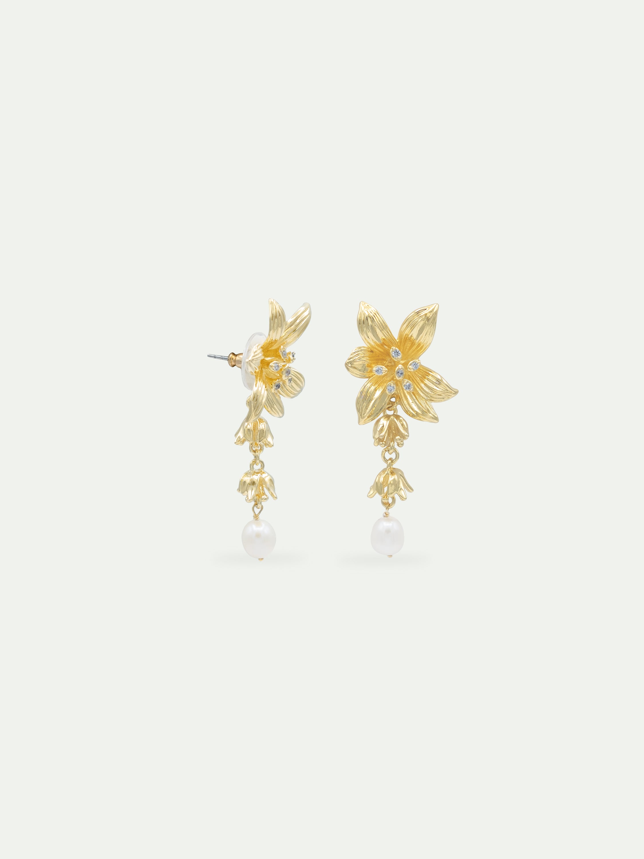 Lily flower and cultured pearl golden dangle earrings