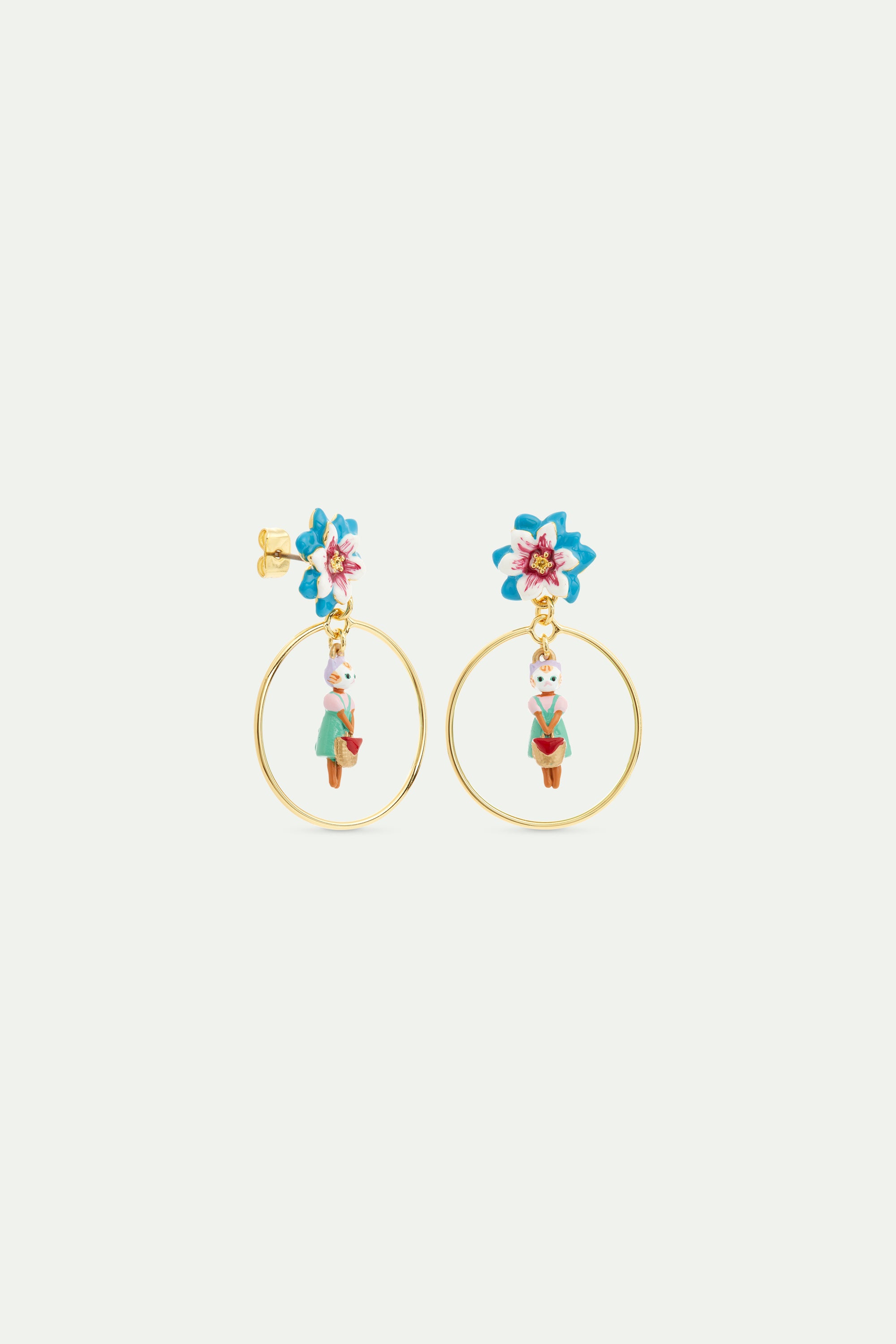 Ginger cat and blue flower dangle hoop earrings