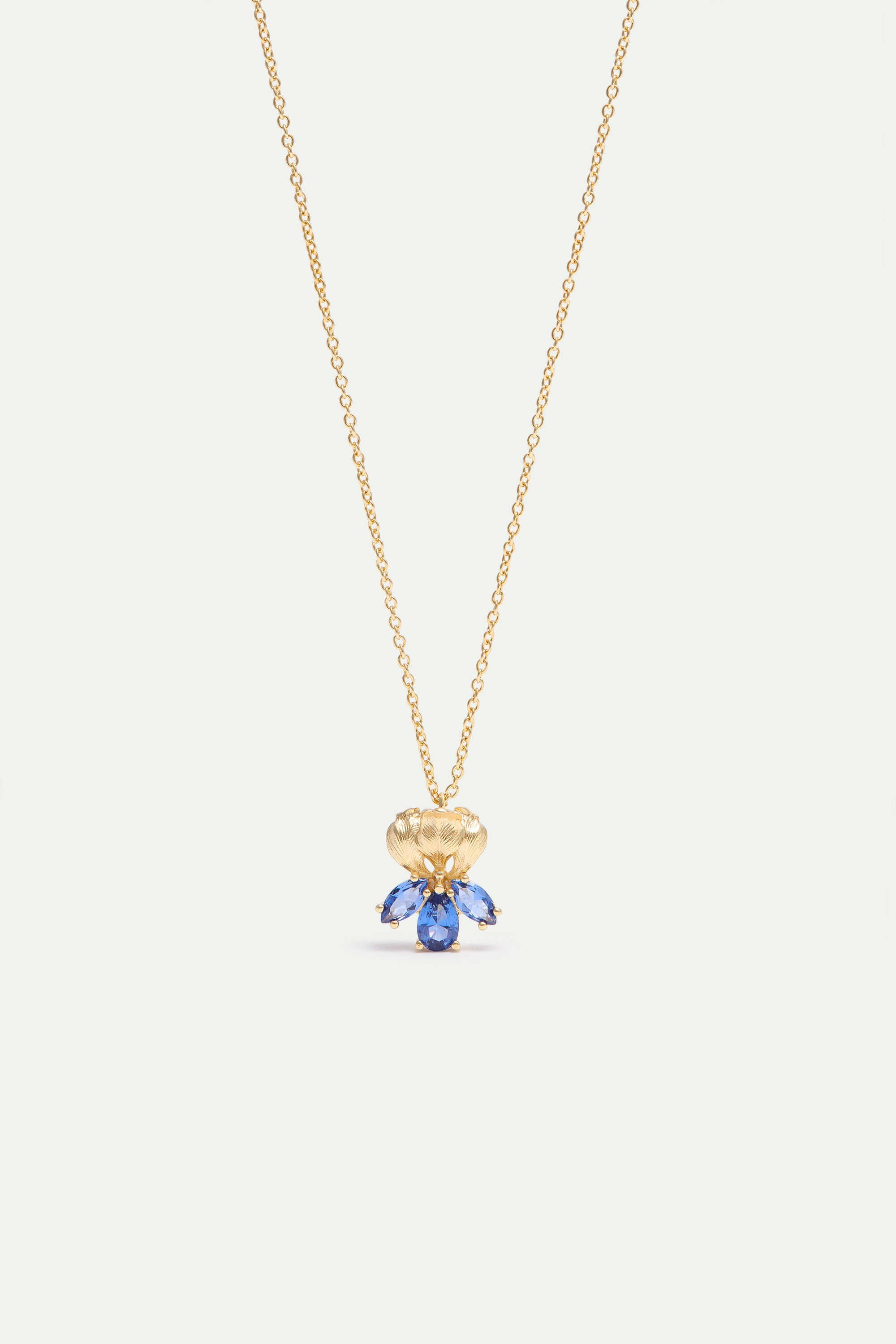 Golden iris and blue stone pendant necklace