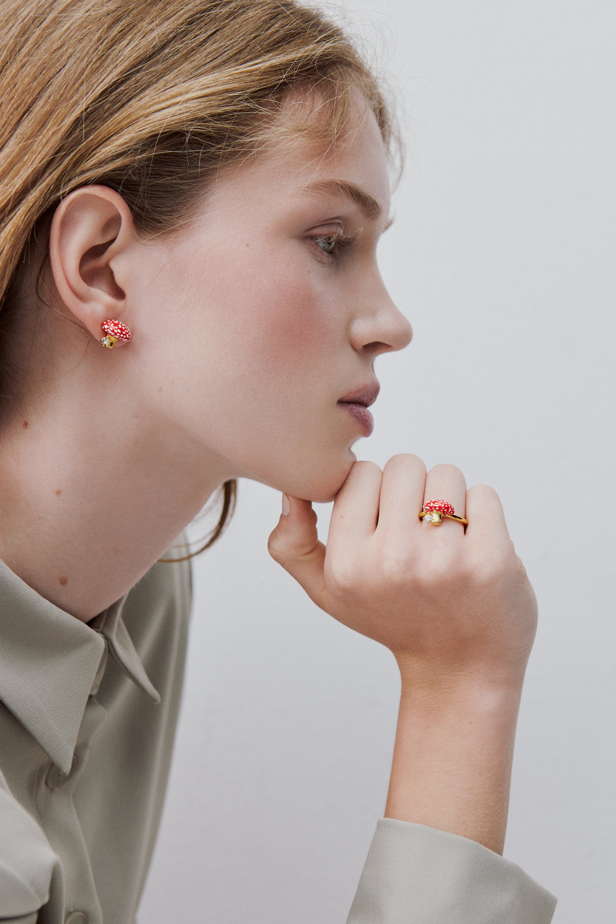 Gold and red mushroom and faceted crystal post earrings