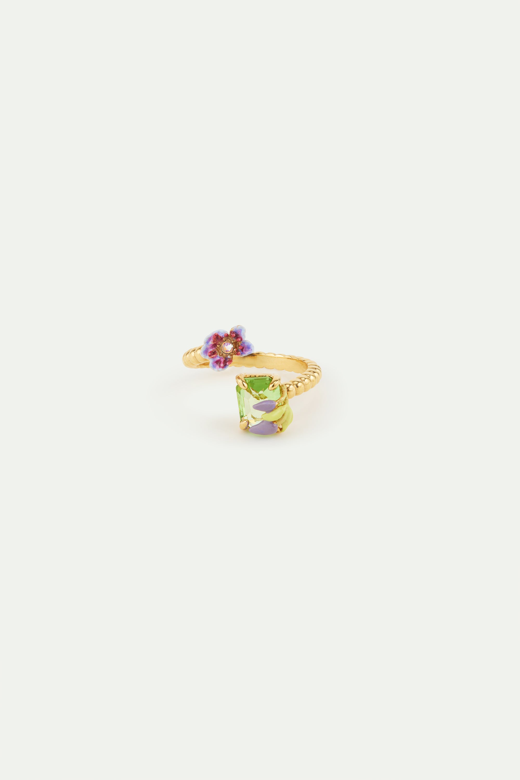Purple clematis and green emerald-cut crystal adjustable ring