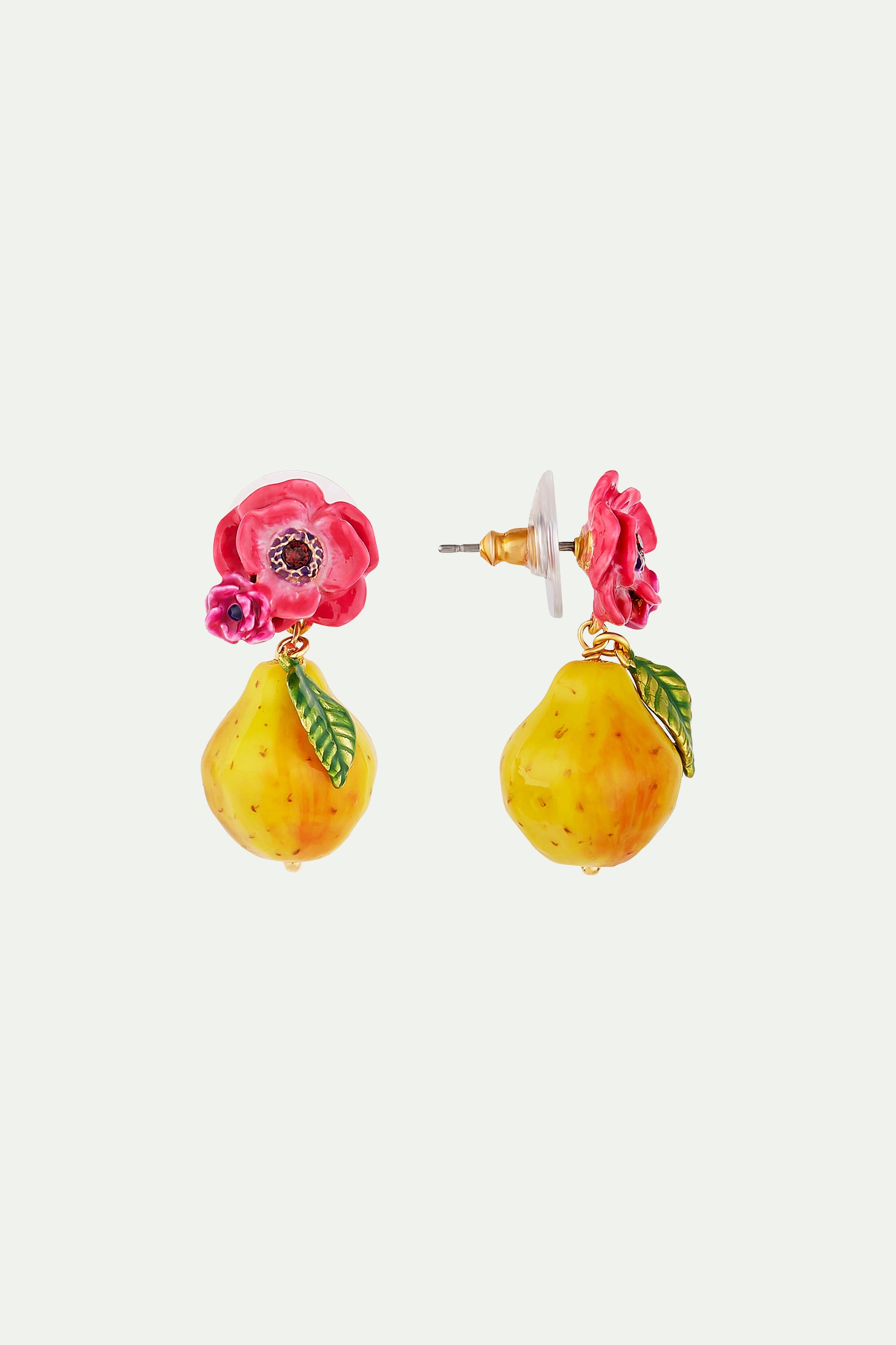 Pink poppy flower and sweet pear clip on earrings