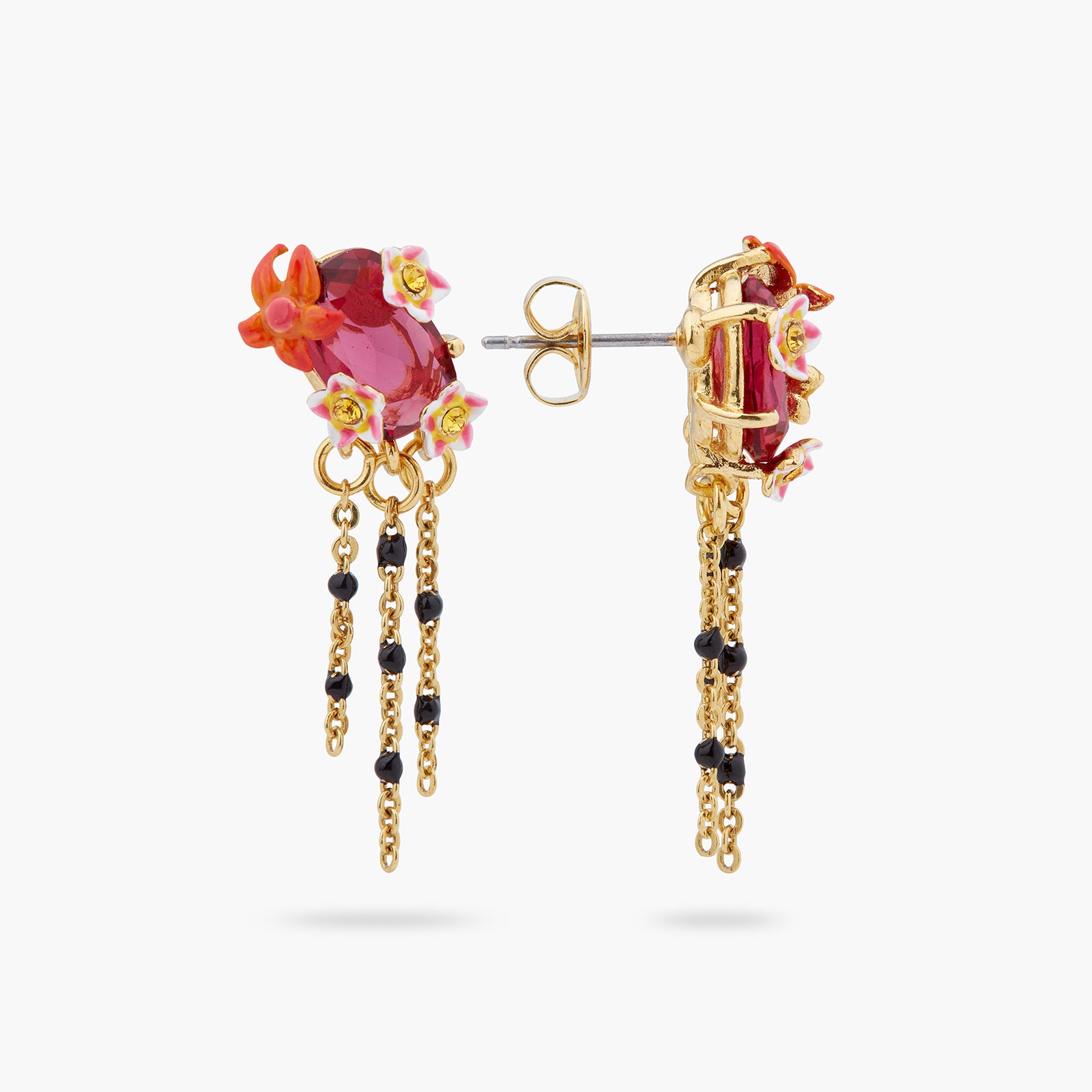 Faceted crystal and exotic flower dangling post earrings