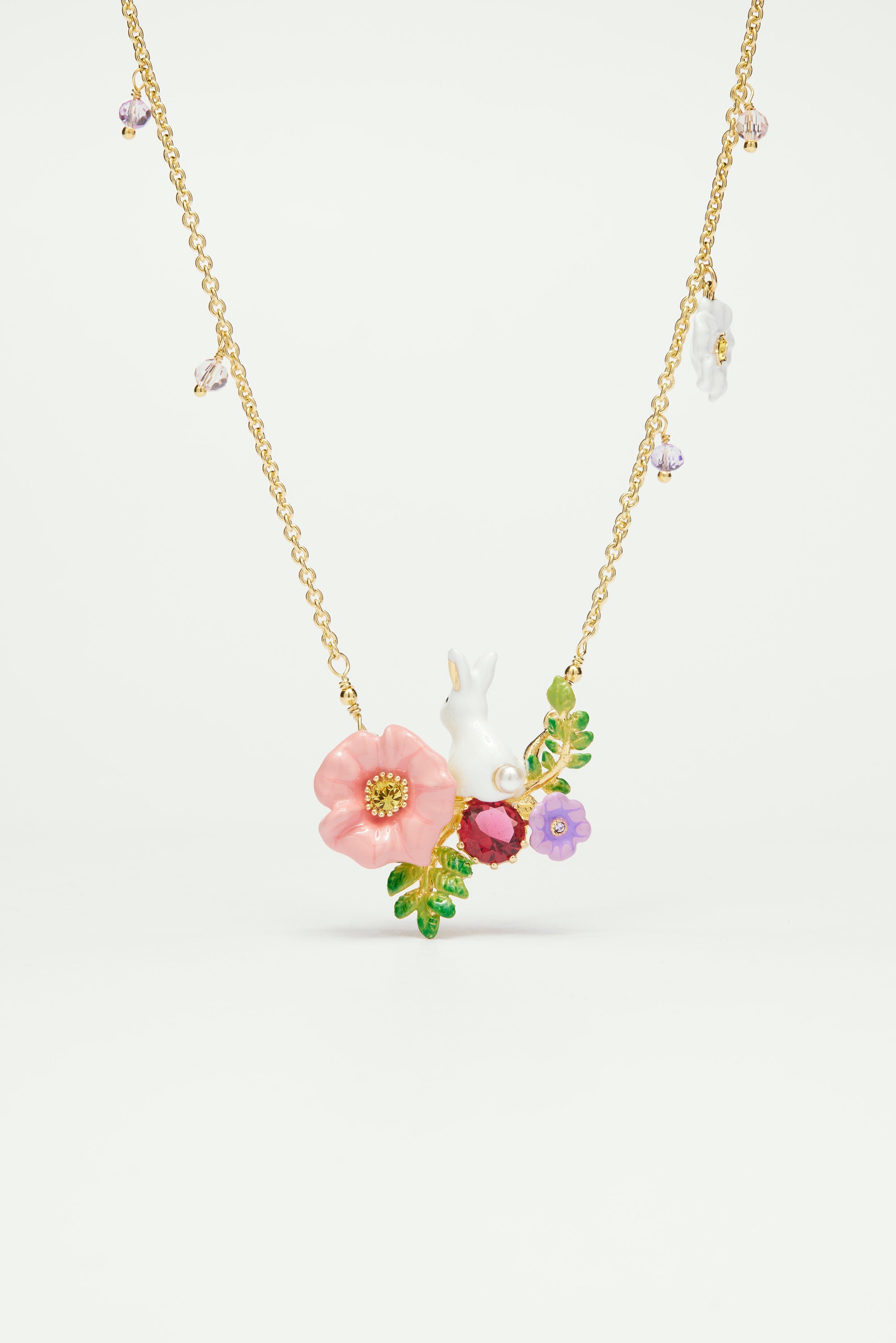 Rabbit on Pink Flower Pendant Necklace