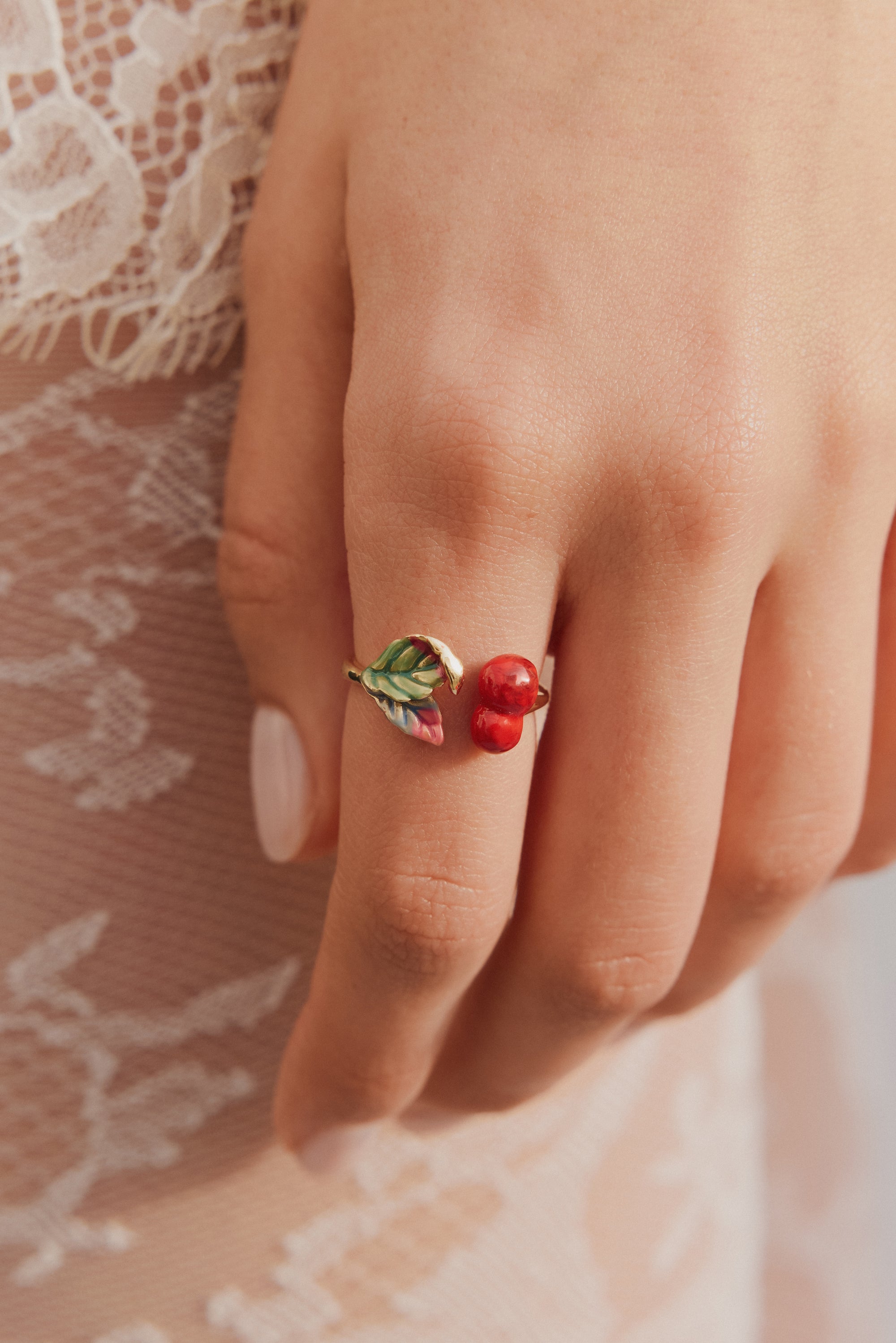 Cherries and Leaves Adjustable Ring